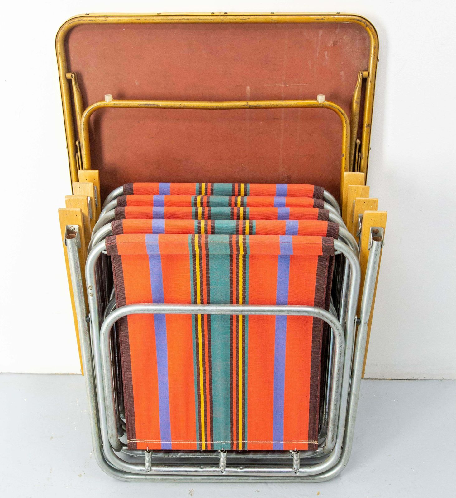 French Set Folding Camping Four Chairs And Table Patio Garden Mid Century photo vinterior