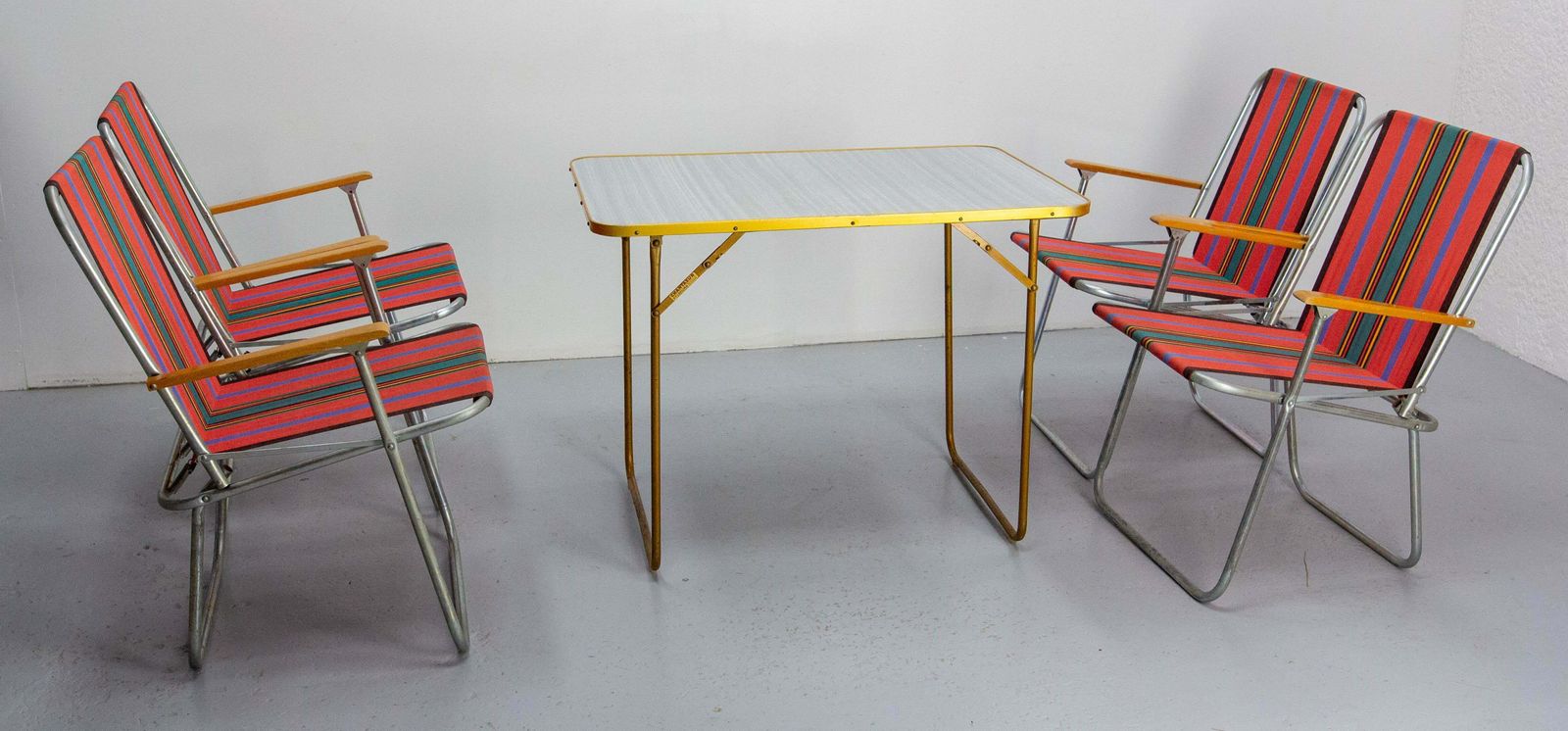 French Set Folding Camping Four Chairs And Table Patio Garden Mid Century photo vintage