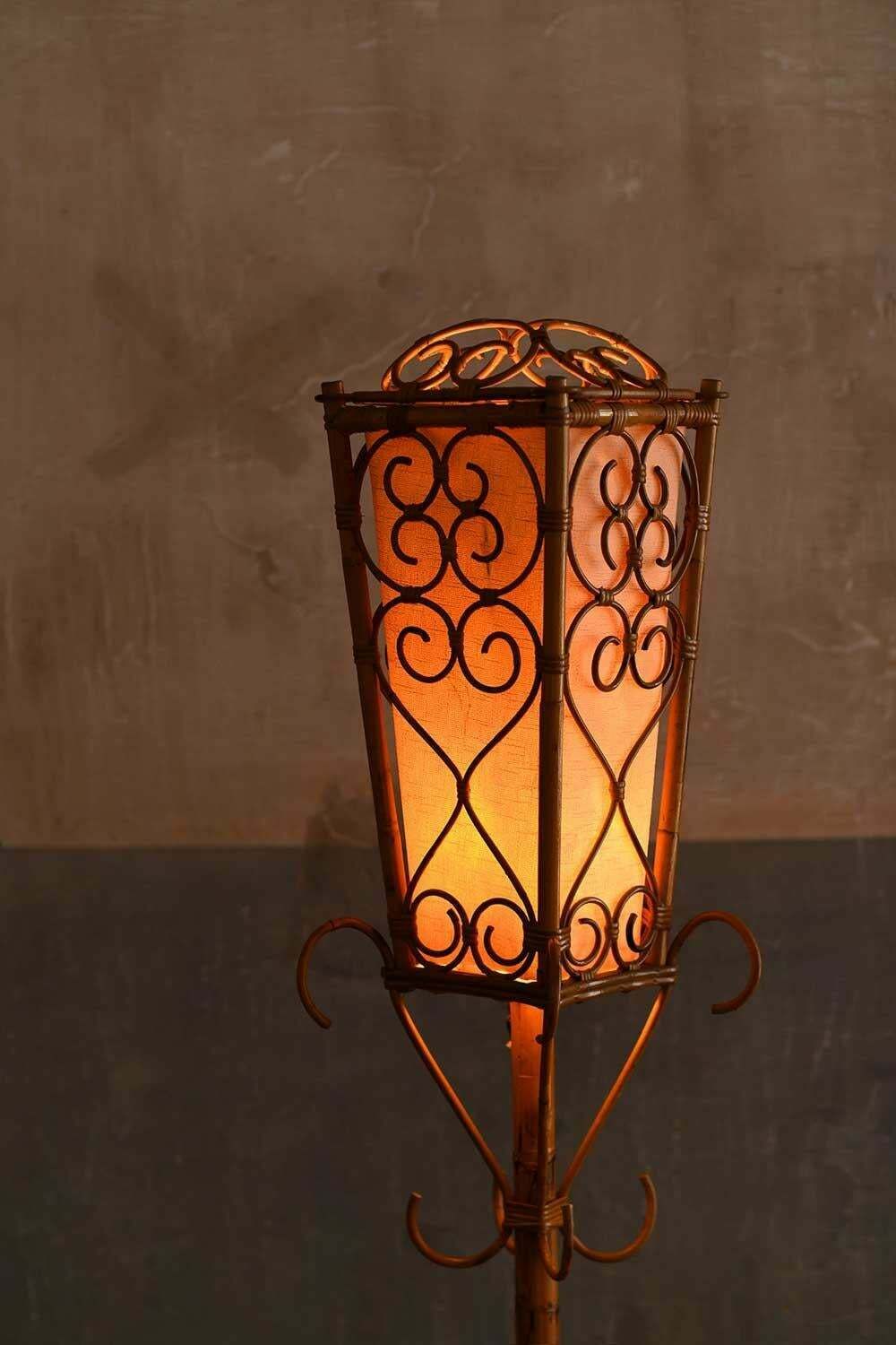 Mid Century Floor Lamp Made Of Rush With Geometric Patterns And Large Lampshade photo for sale