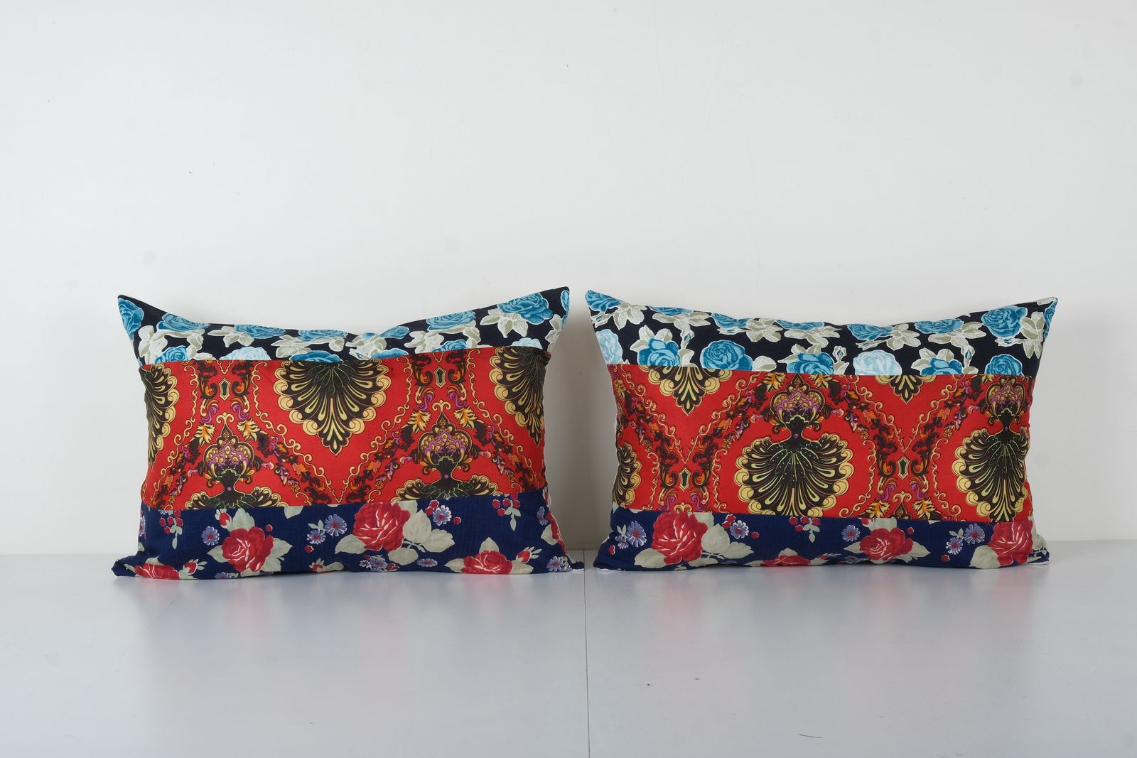 Old Caucasian Trade Cloth Pillow, Set Of Two Floral Roller Print Cushion Cover On Cotton