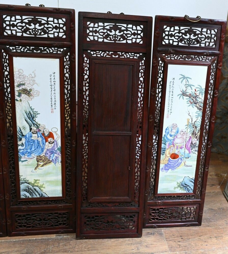 Home Decor Set Chinese Porcelain Plaques Hand Painted Hardwood Frame 1930 photo