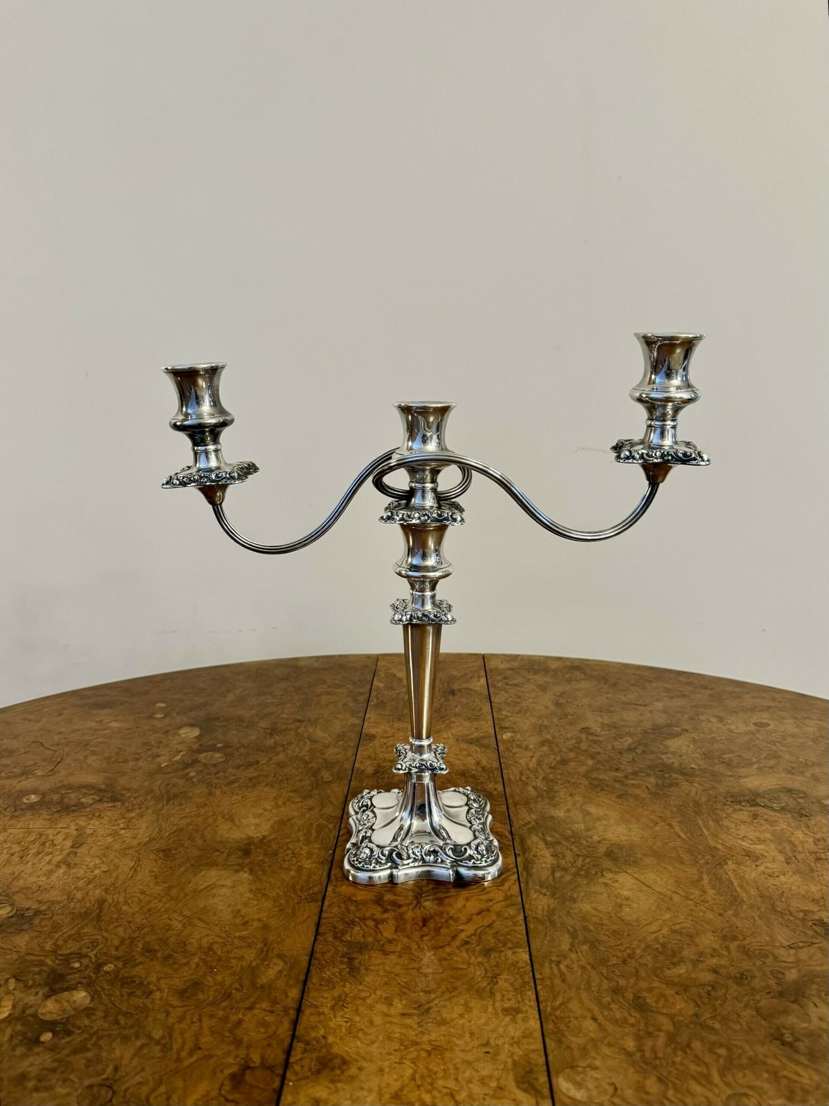 Outstanding Quality Antique Ornate Silver Plated Candelabra And Candlestick Set photo for sale