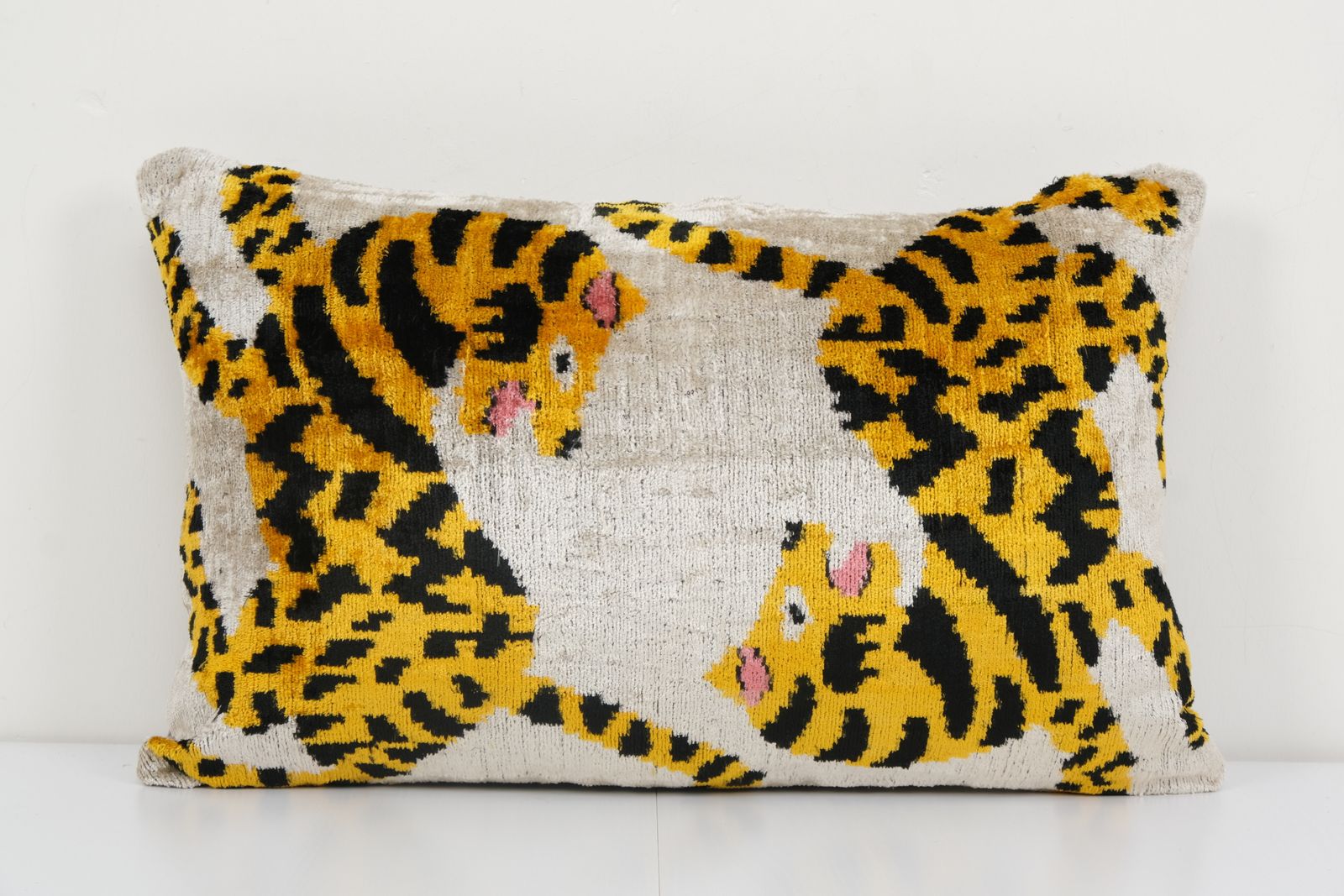 Tiger Ikat Velvet Pillow, Silk Lumbar Cushion Cover, Yellow Animal Lumbar Pillows, Boho Pillow