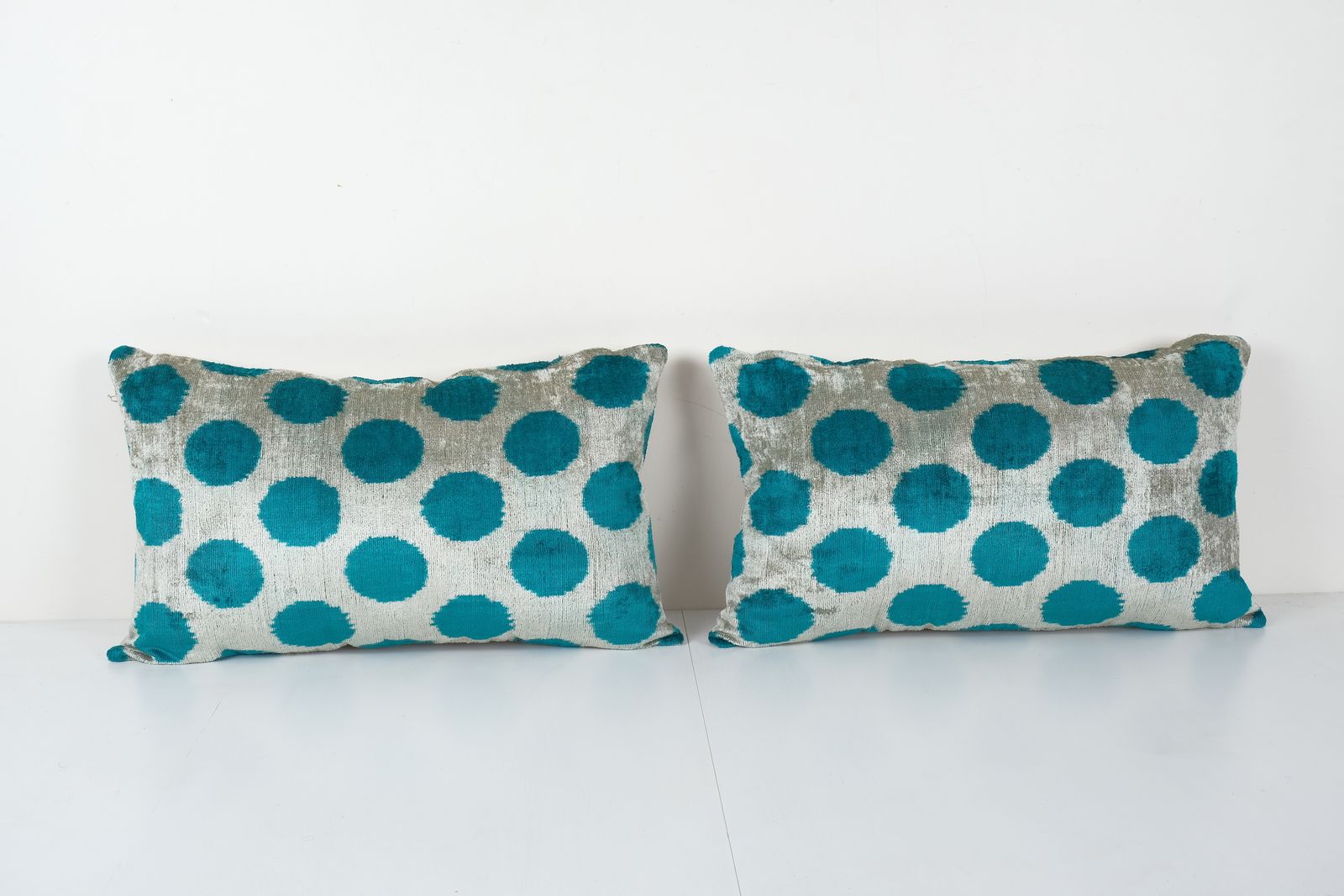 Turquois Ikat Velvet Pillow Cover, Set Turkish Polka Dot Cushion Cover, Pair Ethnic Silk Ikat Velvet Pillowcase 16'' X 24''