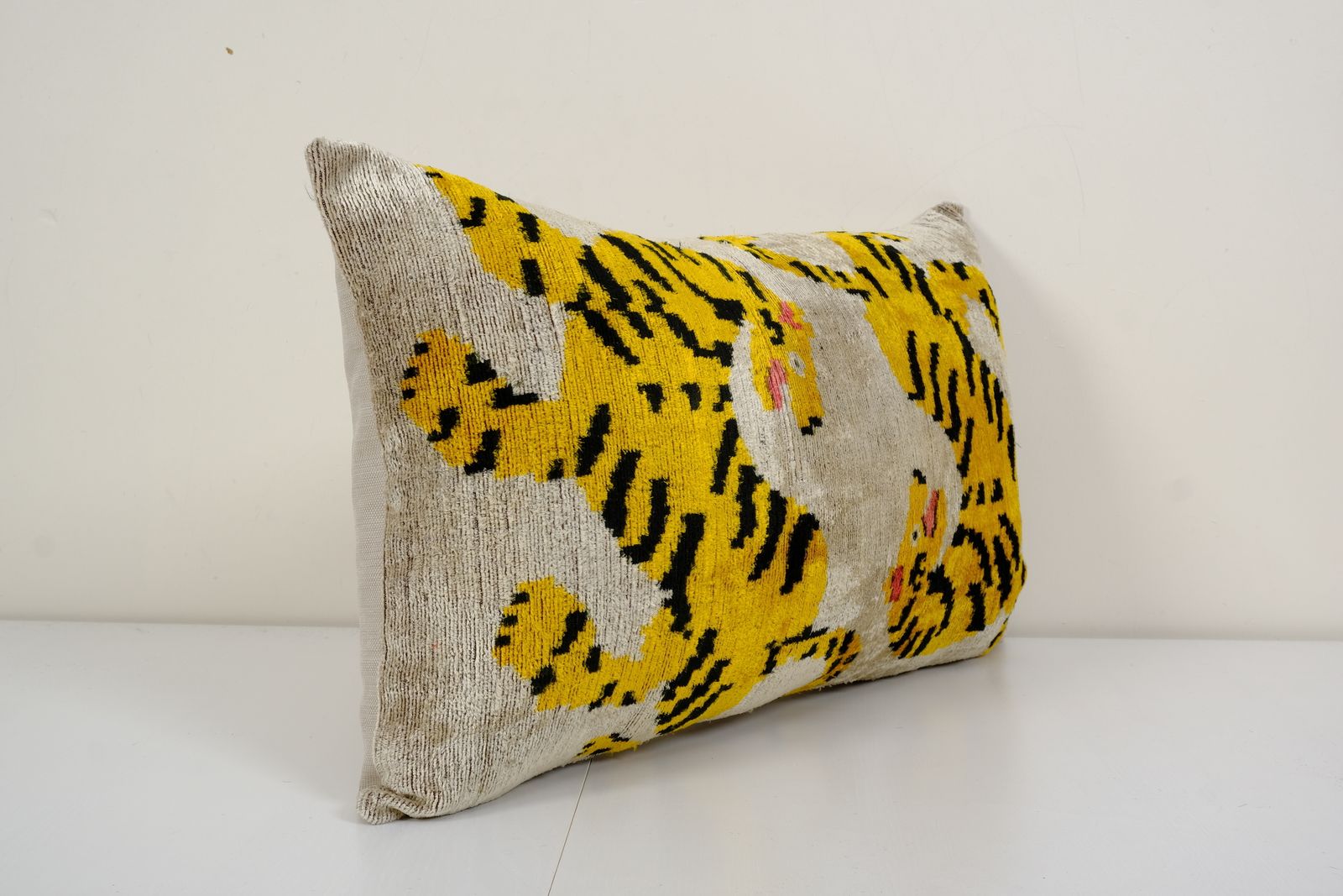 Tiger Ikat Velvet Pillow, Silk Lumbar Cushion Cover, Yellow Animal Lumbar Pillows, Boho Pillow photo furniture