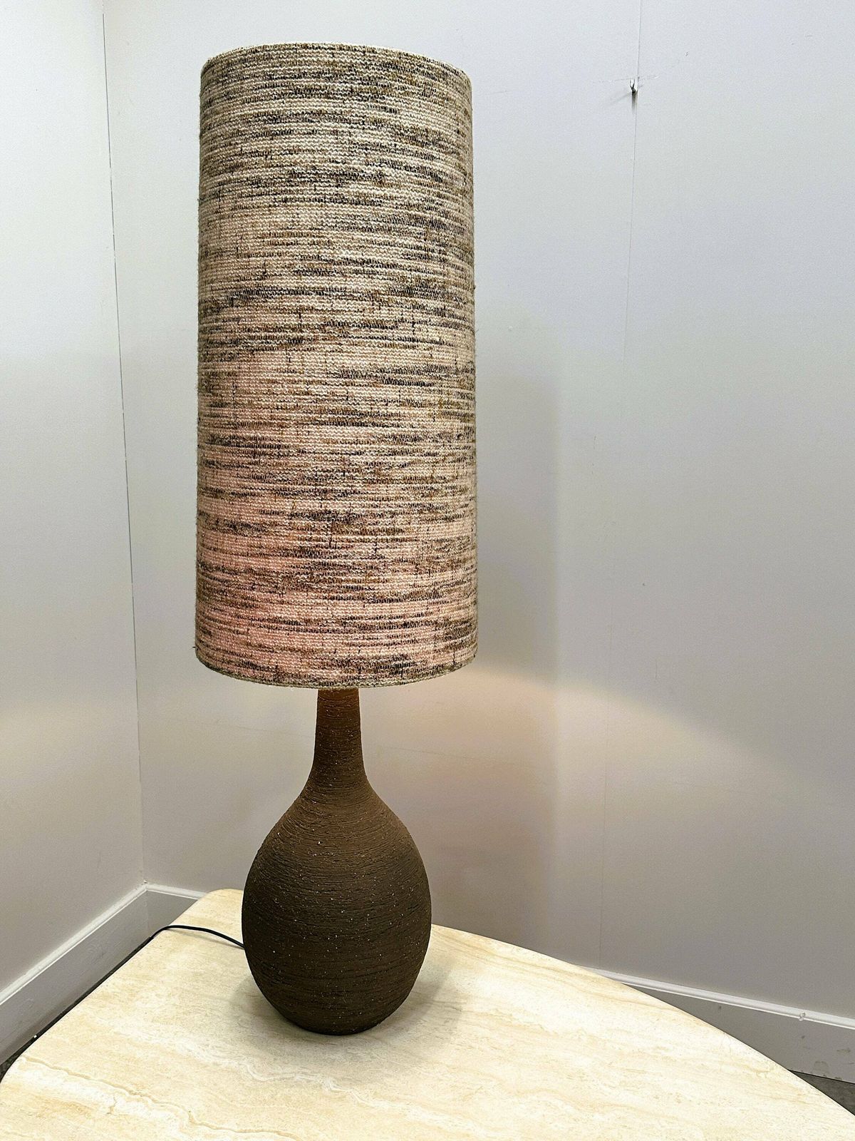 Vintage Xl Ceramic Floor Lamp With Textured Wool Shade, 1970s. France photo furniture
