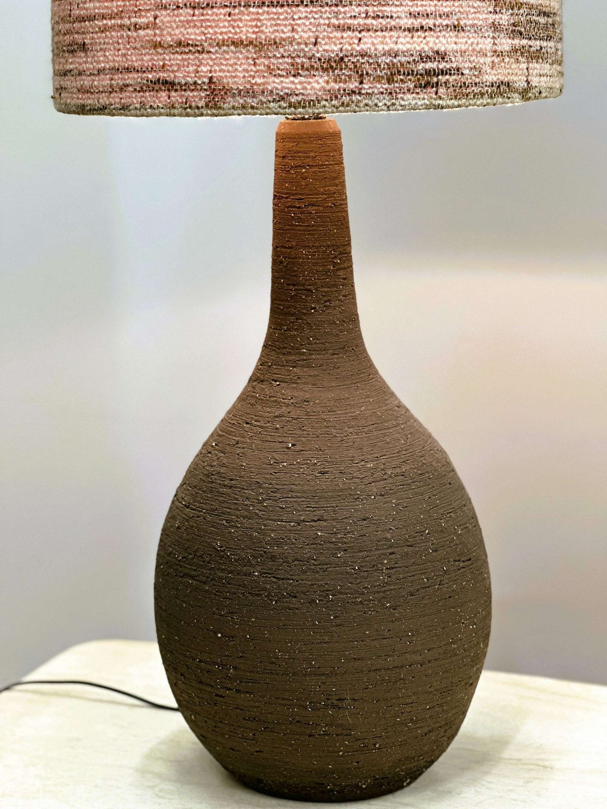 Vintage Xl Ceramic Floor Lamp With Textured Wool Shade, 1970s. France photo vintage