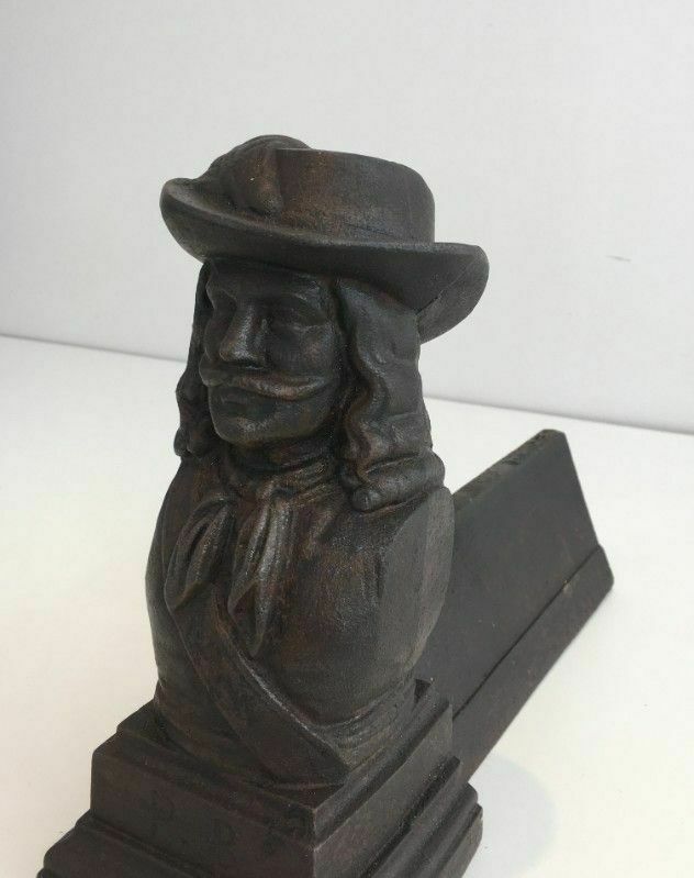 Pair Of Cast Iron Andirons With The Effigy Of A Musketeer photo vintage