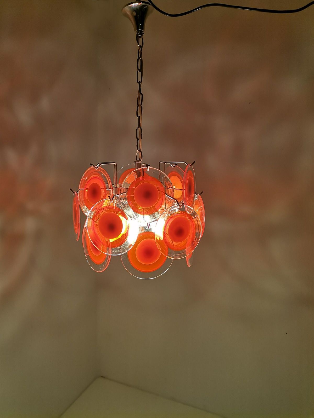 Vintage Chandelier With 18 Murano Glass Discs / 60s Italy / Gino Vistosi Style Space Age Murano Pendant Light photo buy