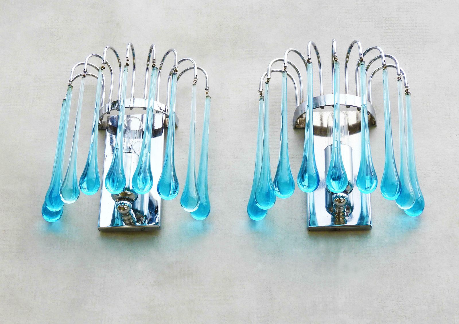 Pair Of Waterfall Venini Style Wall Light Sconces Blue Murano Glass & Chrome 70s photo buy