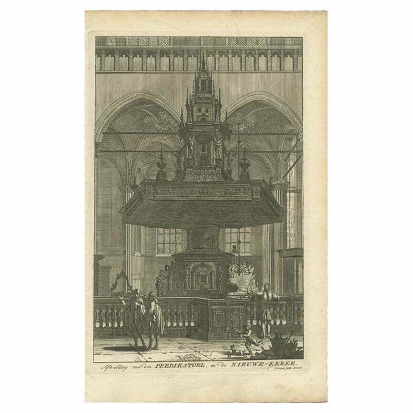Old Print Depicting The Preacher's Pulpit Of A Church In Amsterdam, 1765