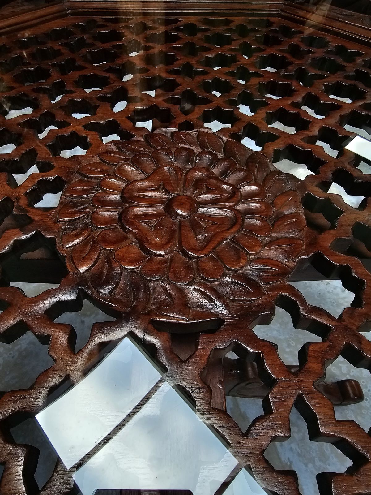 Antique Octagonal Teakwood Dining Table With Glass Top | Hand Carved In Gujarat, India, Circa 1940 photo vinterior