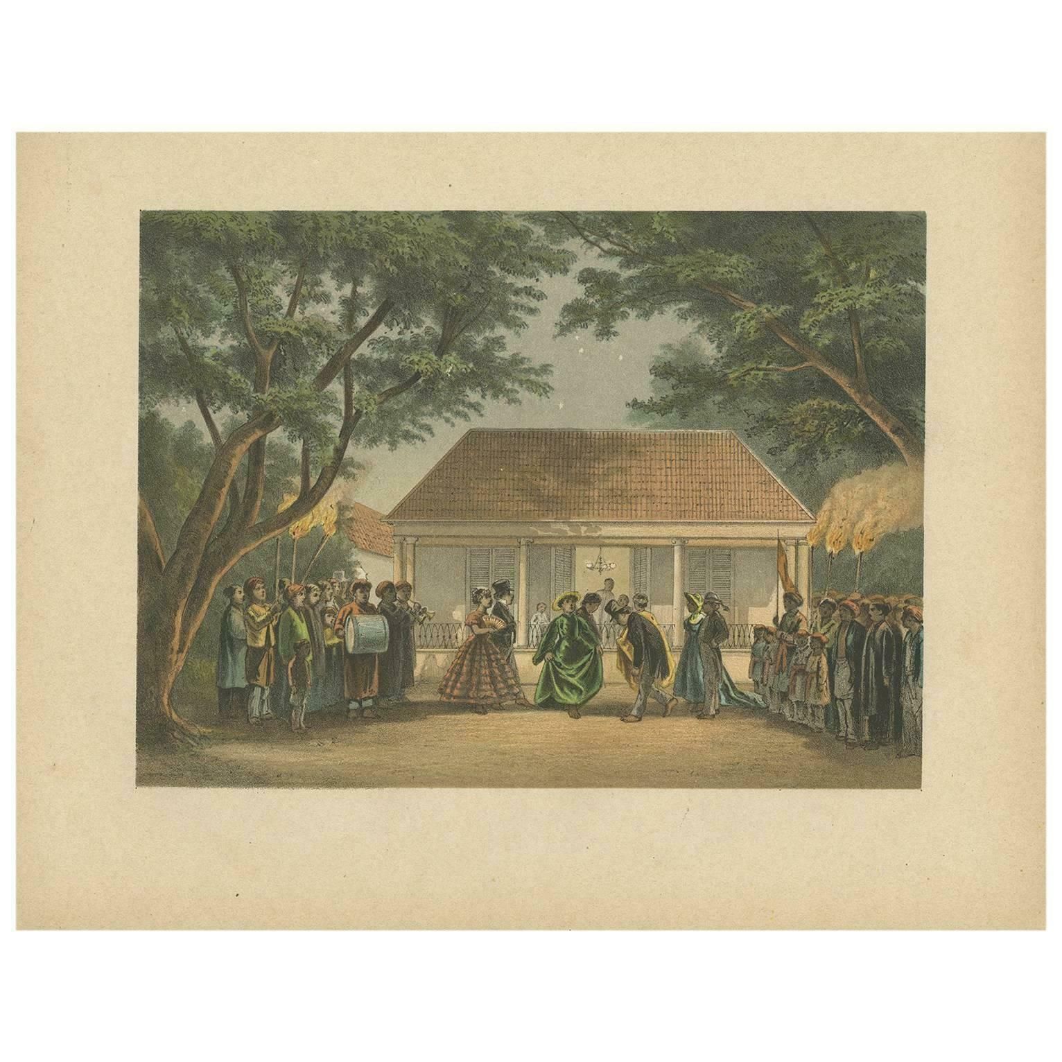 Antique Print Of A Party In Batavia By M.T.H. Perelaer, 1888