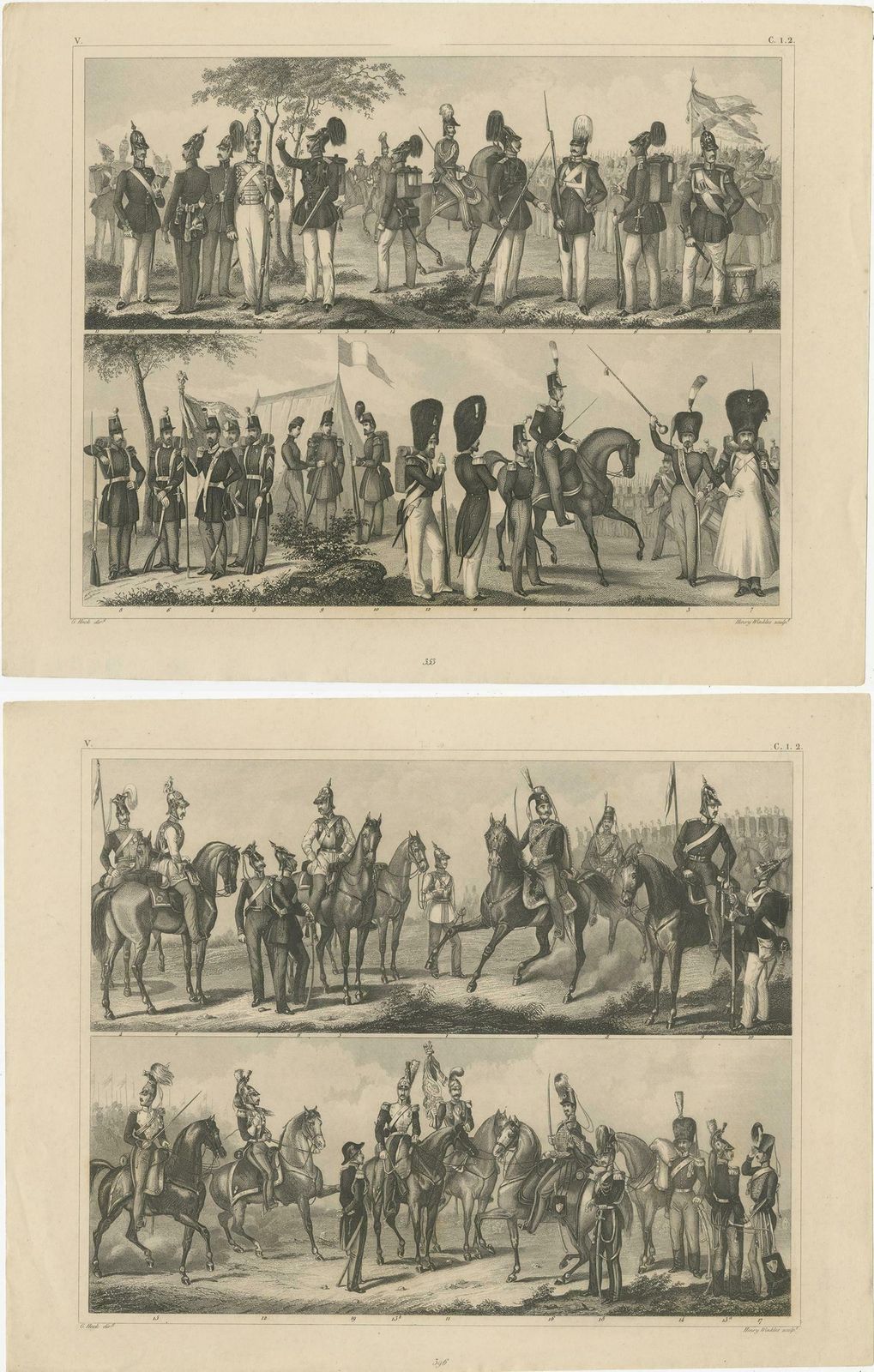 Set Of 2 Antique Prints Of Various Soldiers By Heck '1849' photo 137.0