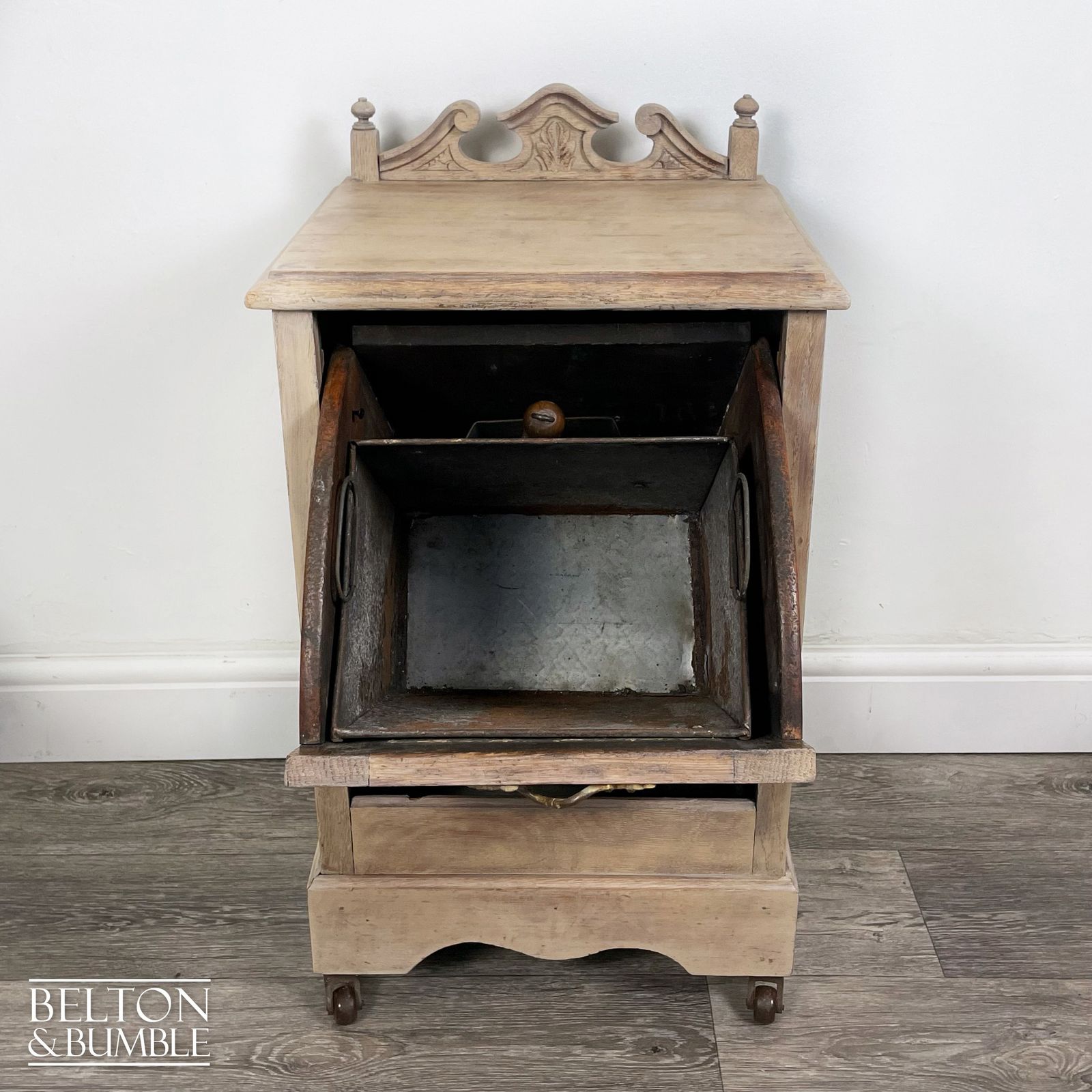 Antique Victorian Perdonium Wooden Cupboard With Integral Coal Scuttle And Coal Shovel. photo for sale
