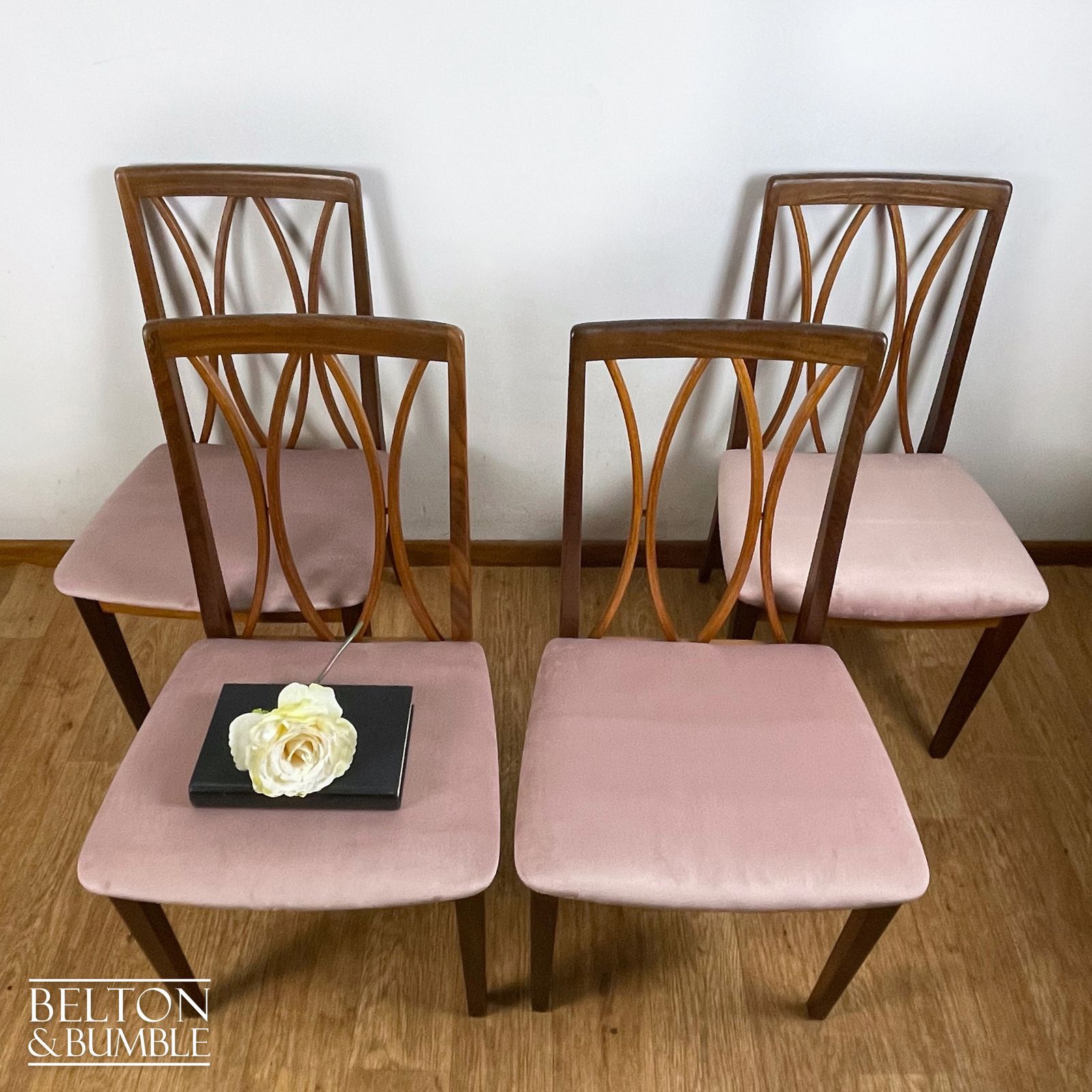 Set Of Four Modern G Plan Curve Back Teak & Afrormosia Dining Chairs By E. Gomme With Dusky Pink Velvet, 1970’s photo buy