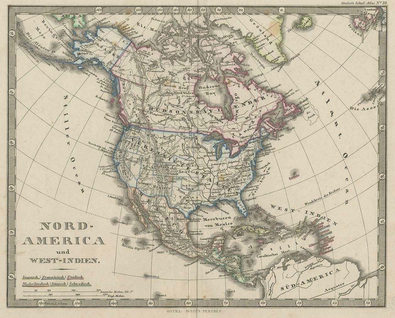 Antique Map Of North America And The West Indies By Stieler, Circa 1865 photo furniture