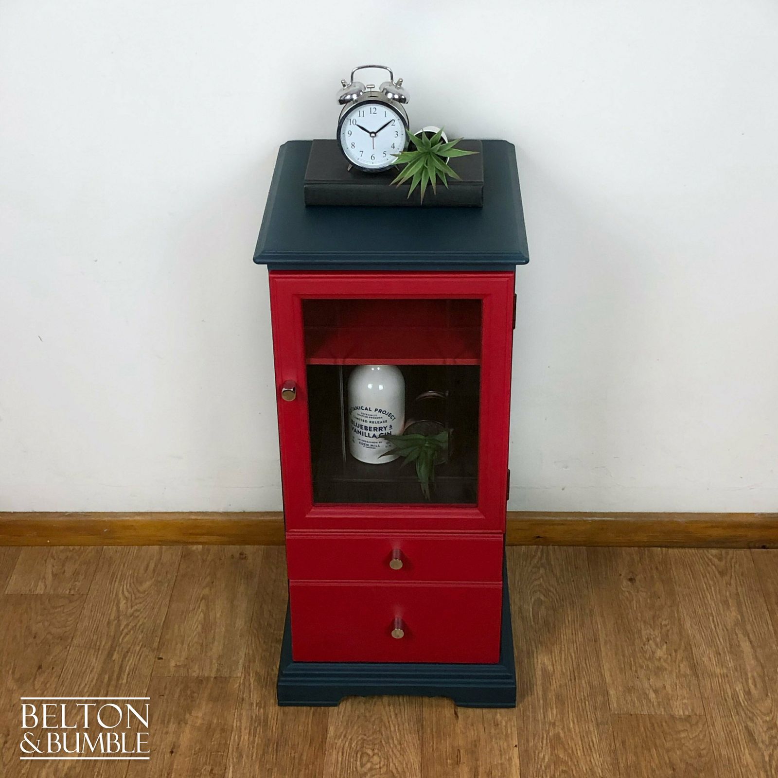 Petite Drinks Cabinet With Glass Door In Blue And Red photo for sale