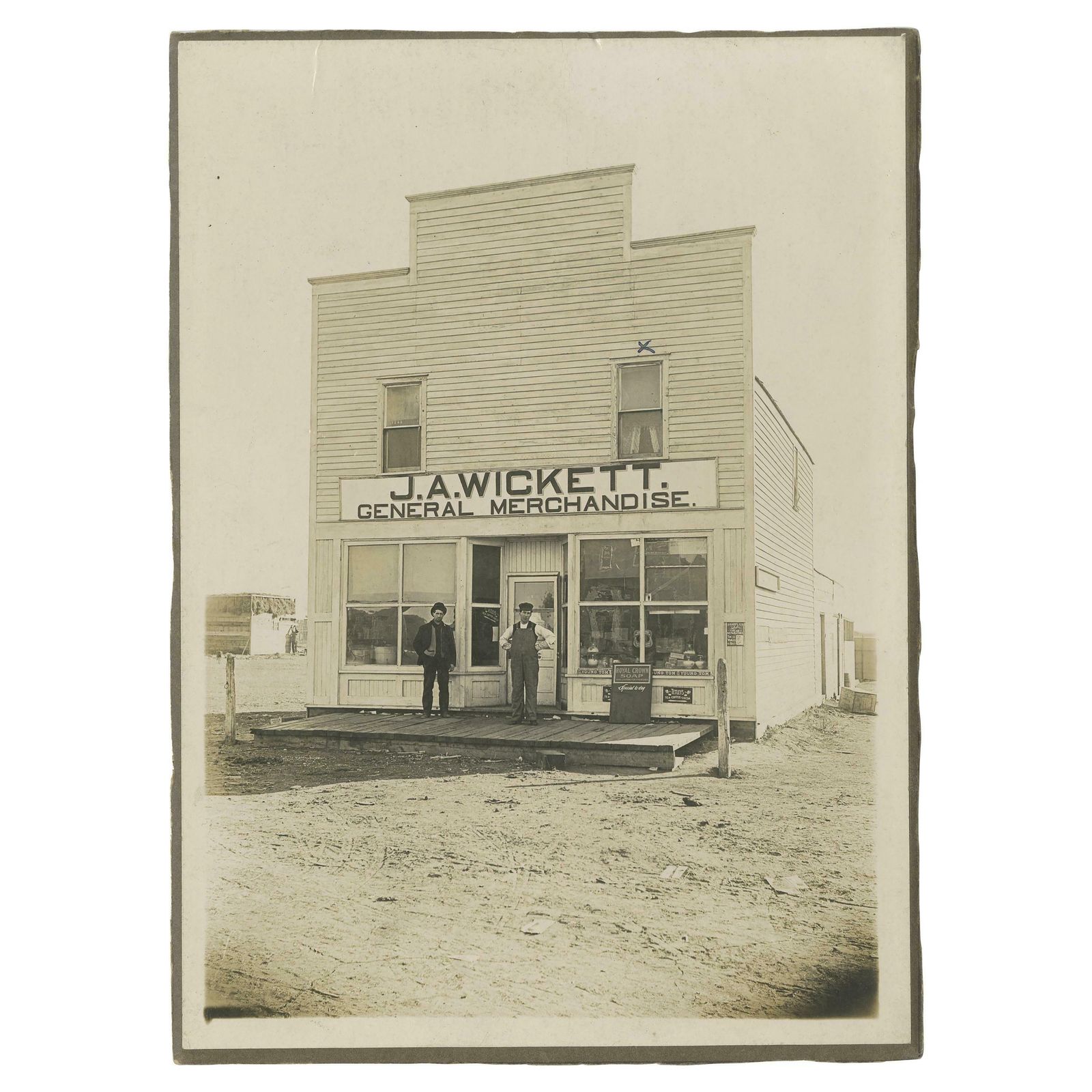 Antique Silverprint Of Two Men In Front Of Merchandise Store 'J.A. Wickett'