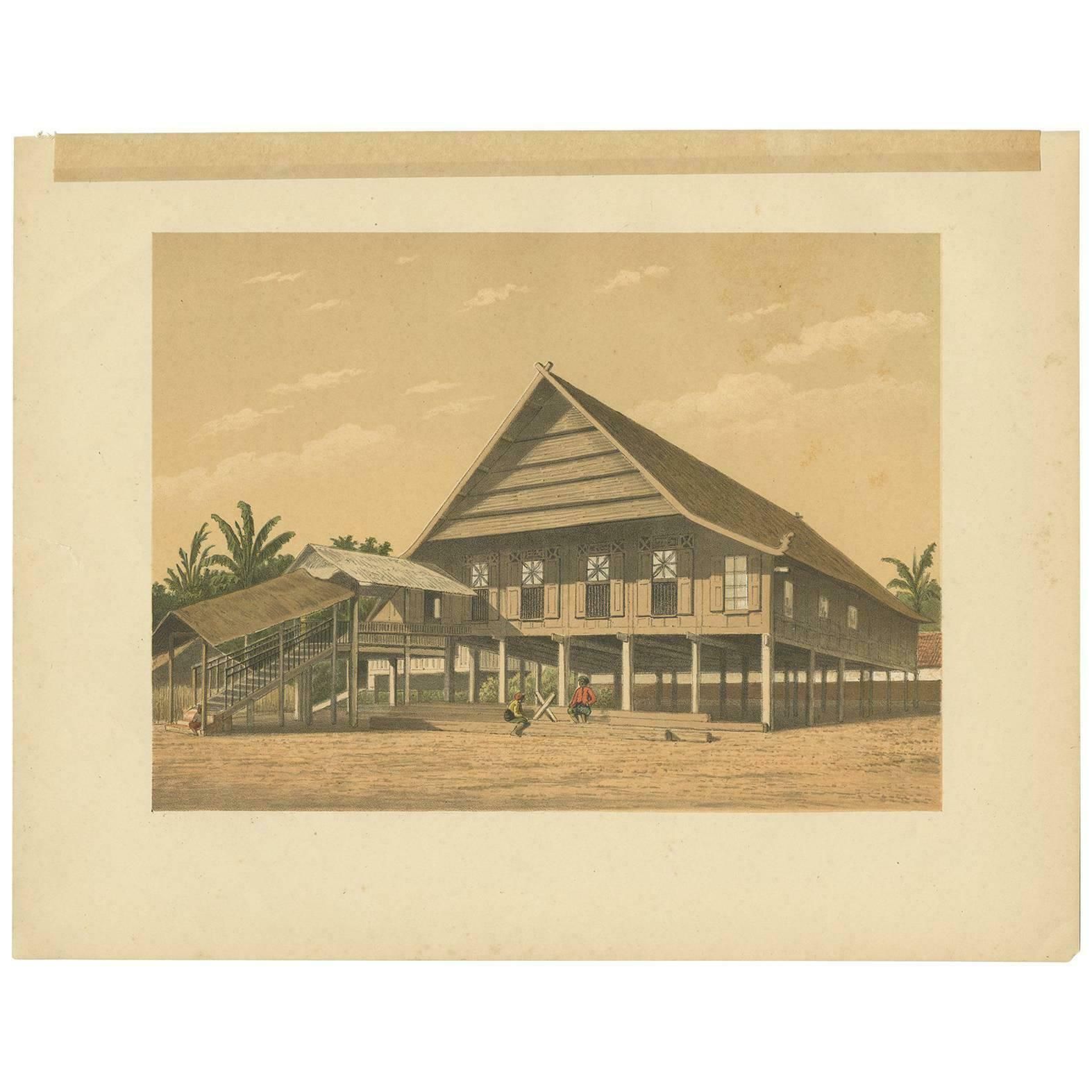 Antique Print Of A House In Makassar By M.T.H. Perelaer, 1888