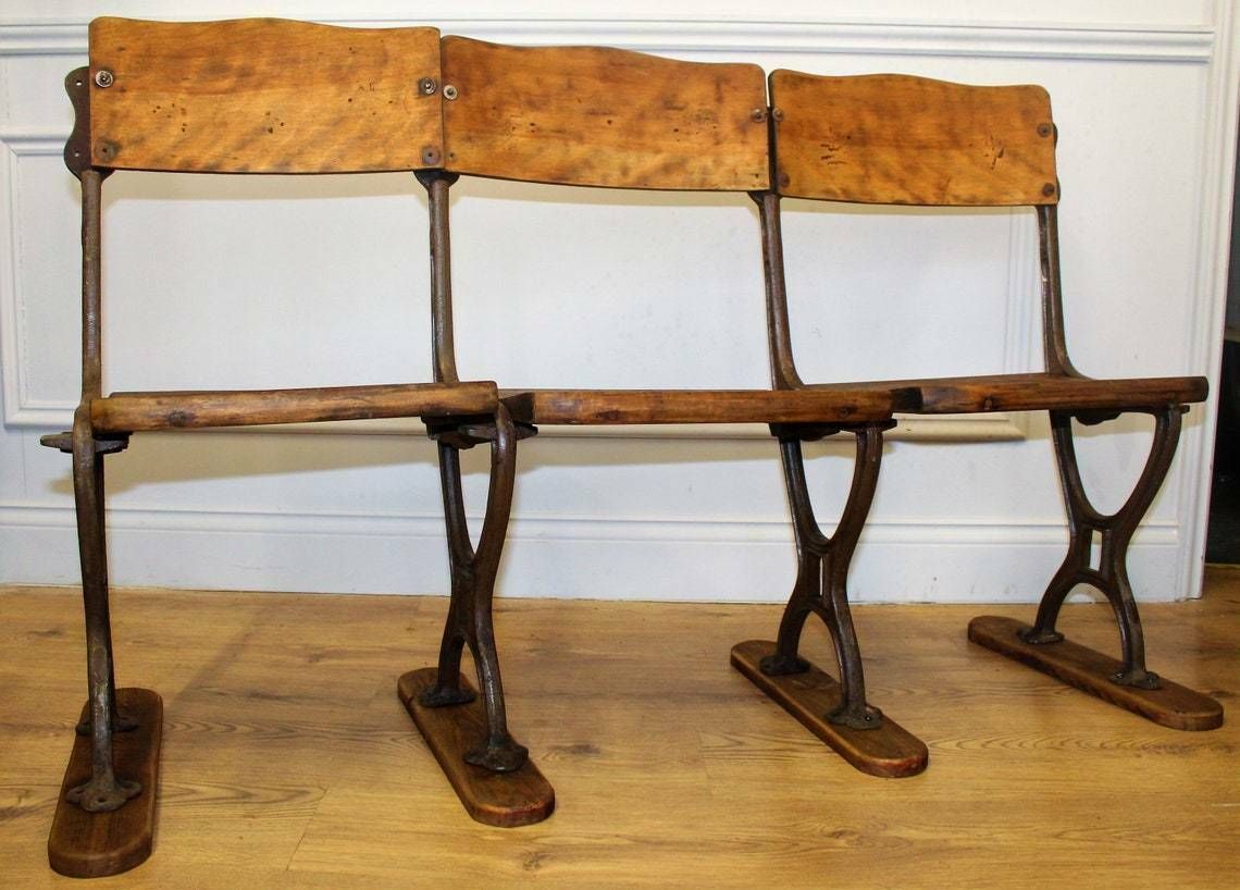 Vintage Three Seater Folding Theatre Cinema Chairs Antique Industrial Retro Hall Hallway Opera Stacking Art Deco