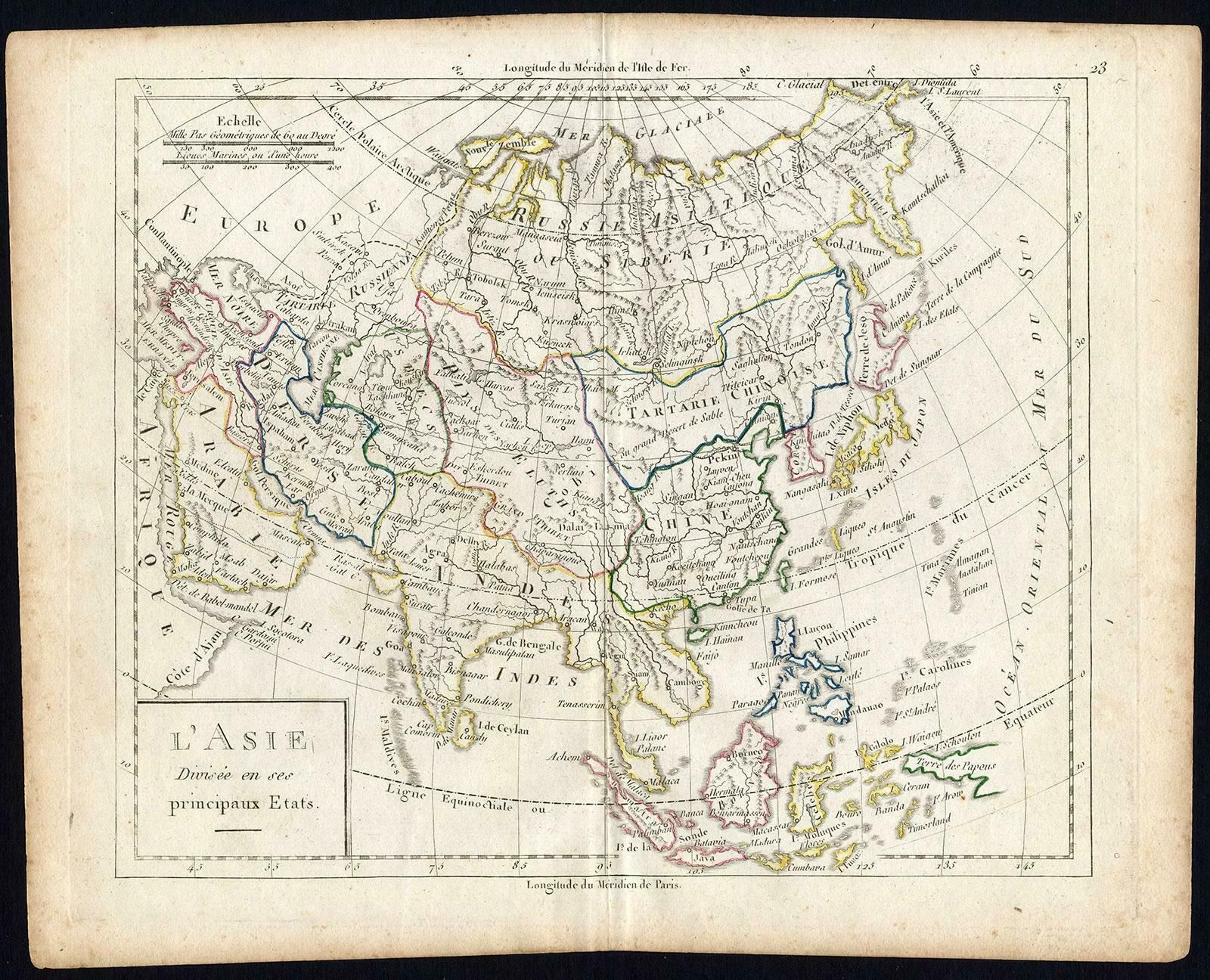 Antique French Map Of Asia With Original Border Colouring, C.1785 photo furniture