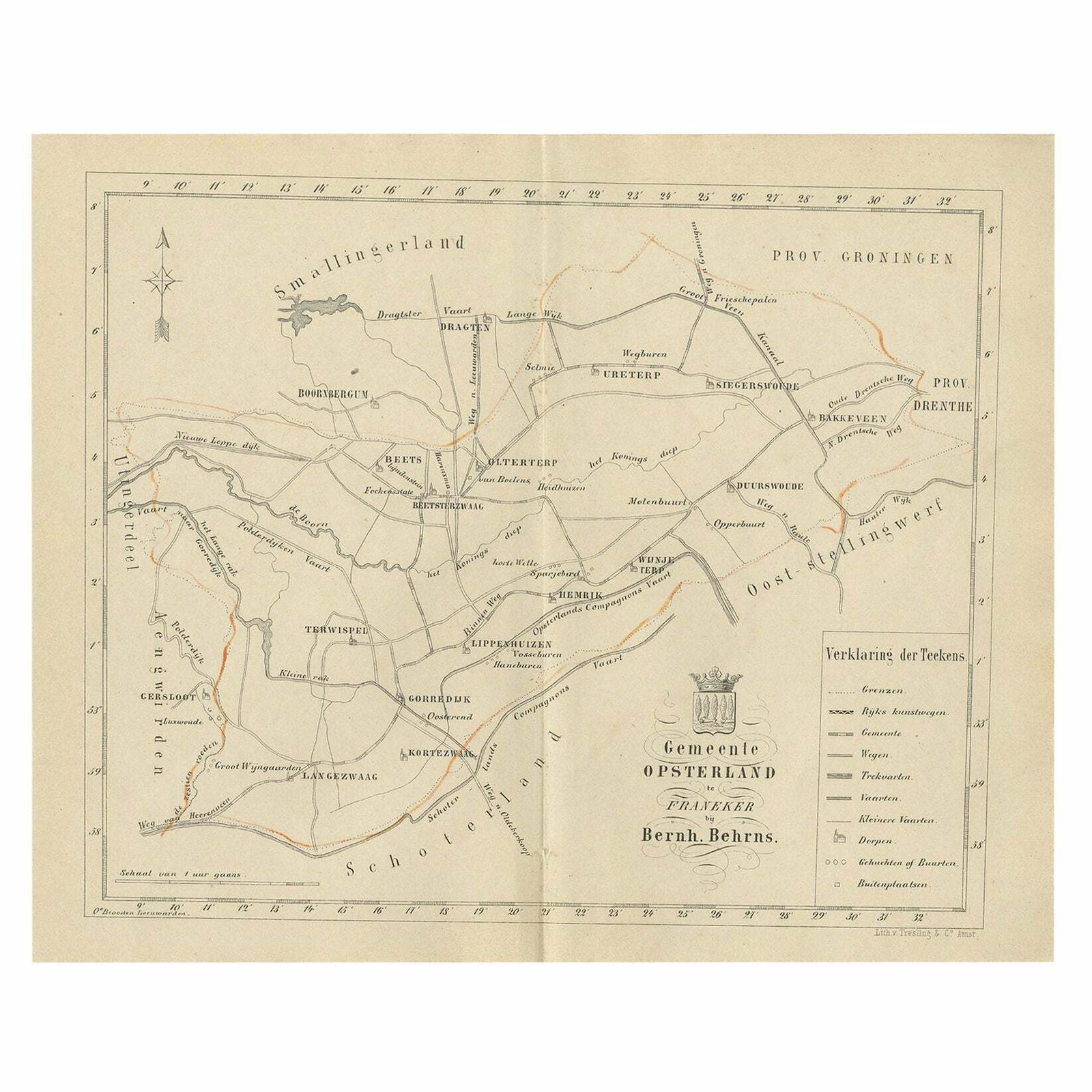Antique Dutch Map Of The Opsterland Township In Friesland, 1861