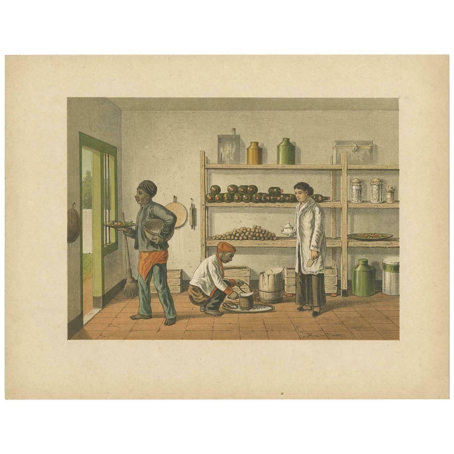 Antique Print Of A Kitchen Storage In Batavia By M.T.H. Perelaer, 1888