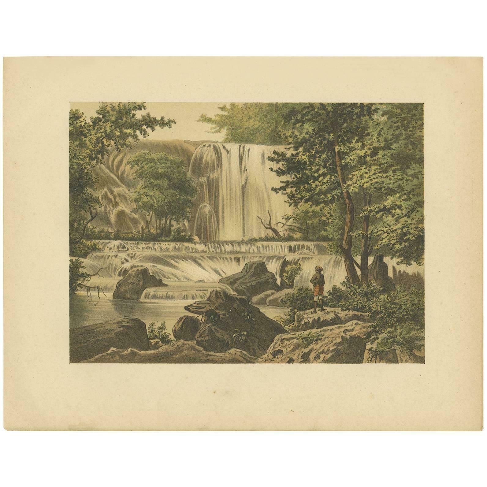Antique Print Of A Waterfall On Java By M.T.H. Perelaer, 1888