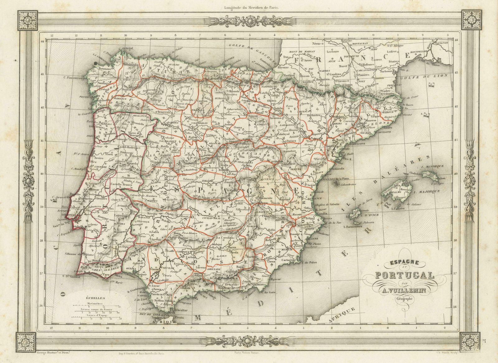 Antique Map Of Spain And Portugal, With Frame Style Border photo for sale