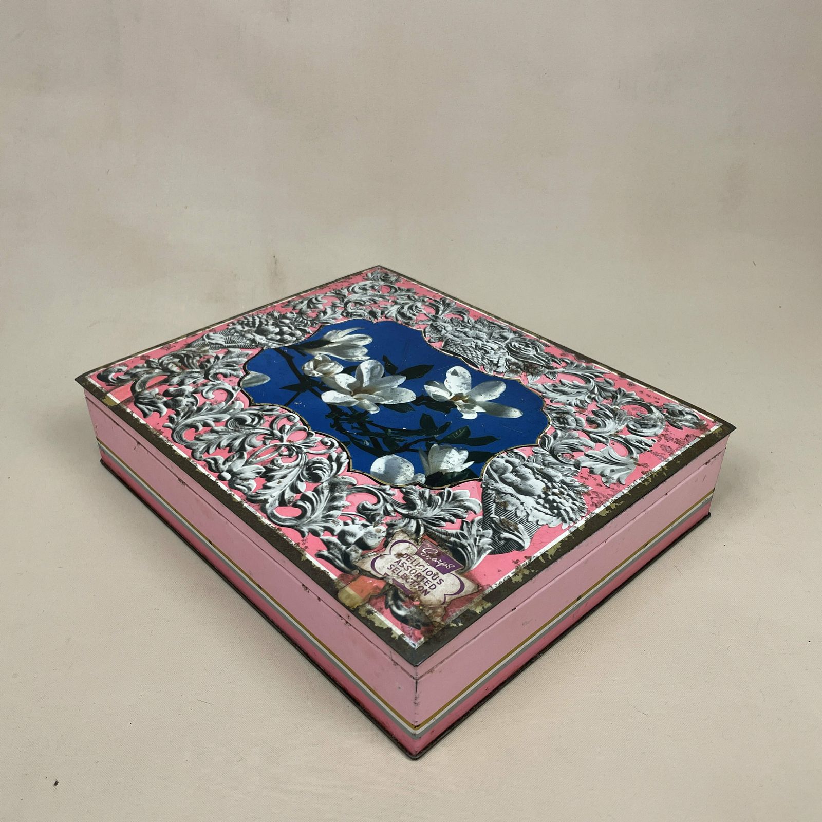 Antique Vintage Metal Tin Edward Sharp & Sons Maidstone Kent Pink Rectangle Blue Lid Rectangle Floral Pattern Retro Display Storage photo Home Decor
