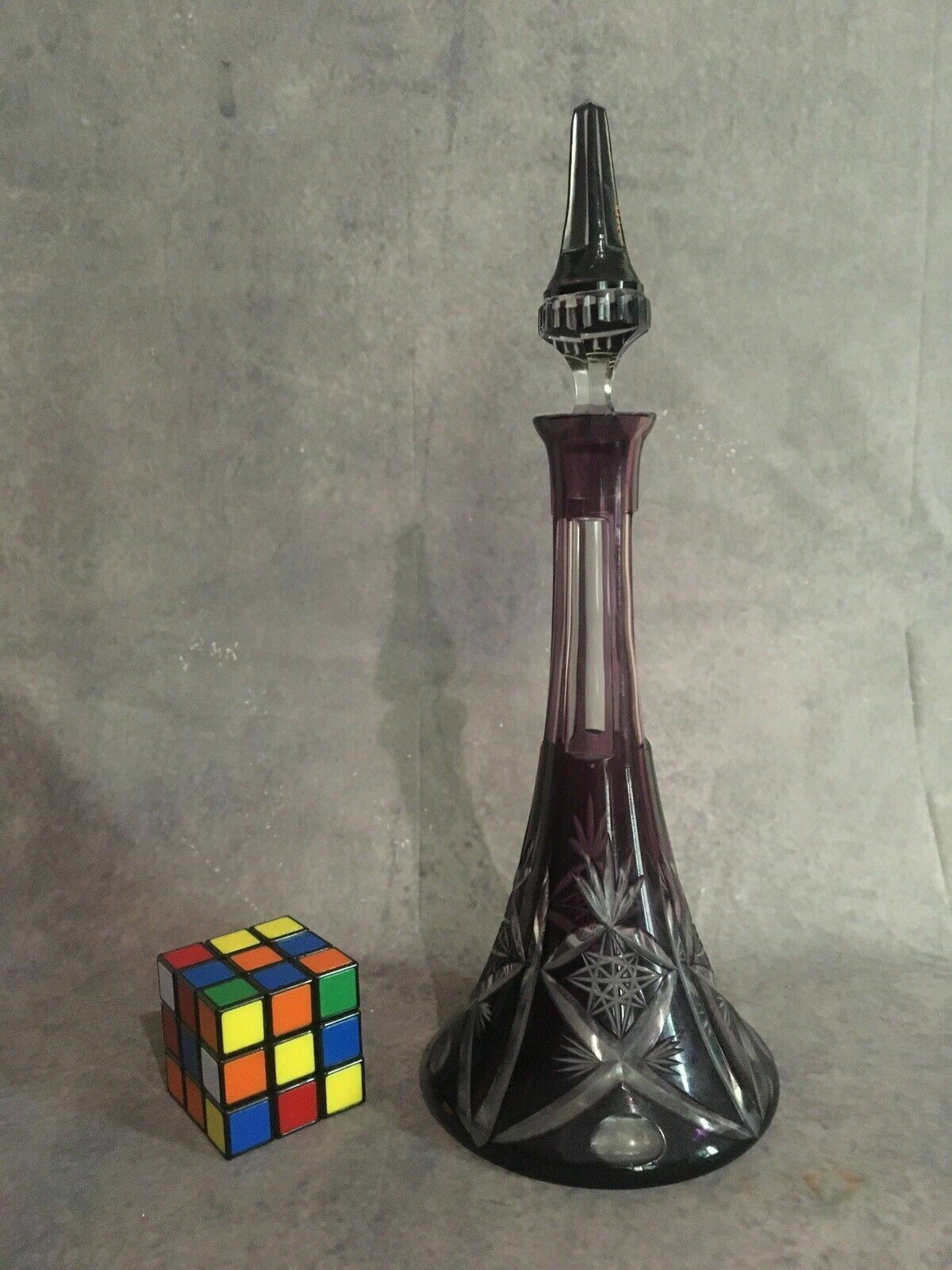 Bohemian Czech Cut To Clear Amethyst Purple Crystal Glass Decanter Genie Bottle photo vintage
