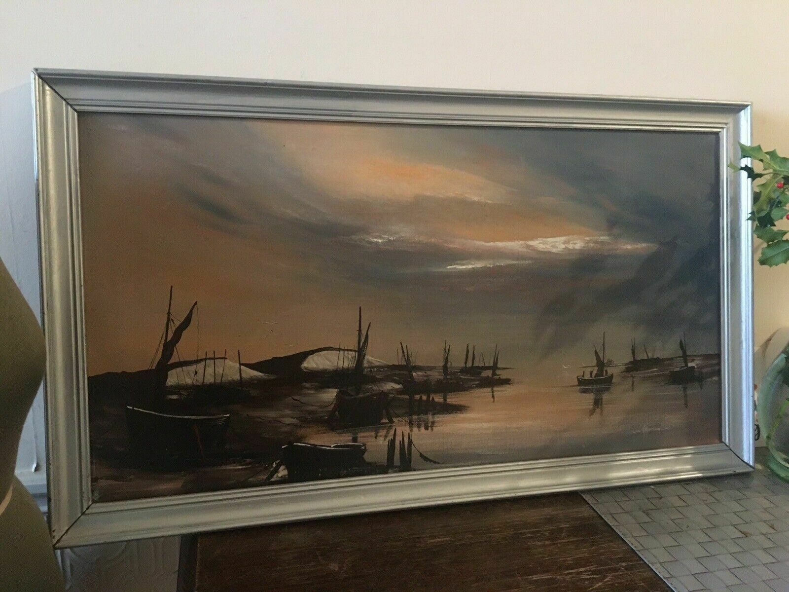 photo vinterior Ken Hammond Mid Century Nautical Maritime Panoramic Original Oil Painting 1970s