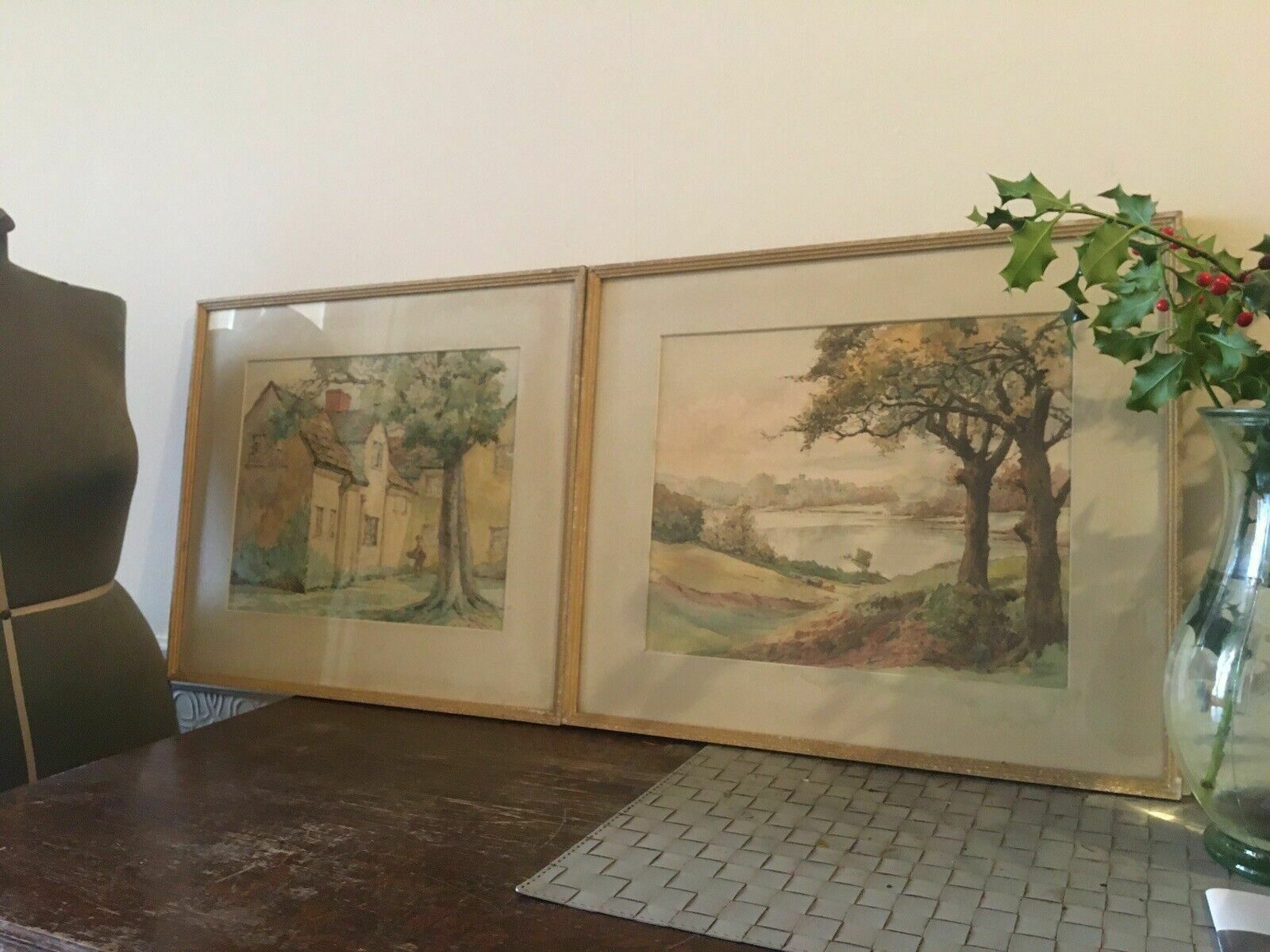 photo furniture 2x Antique Watercolour Paintings Signed Millet 1928 Framed Landscape/Cottage