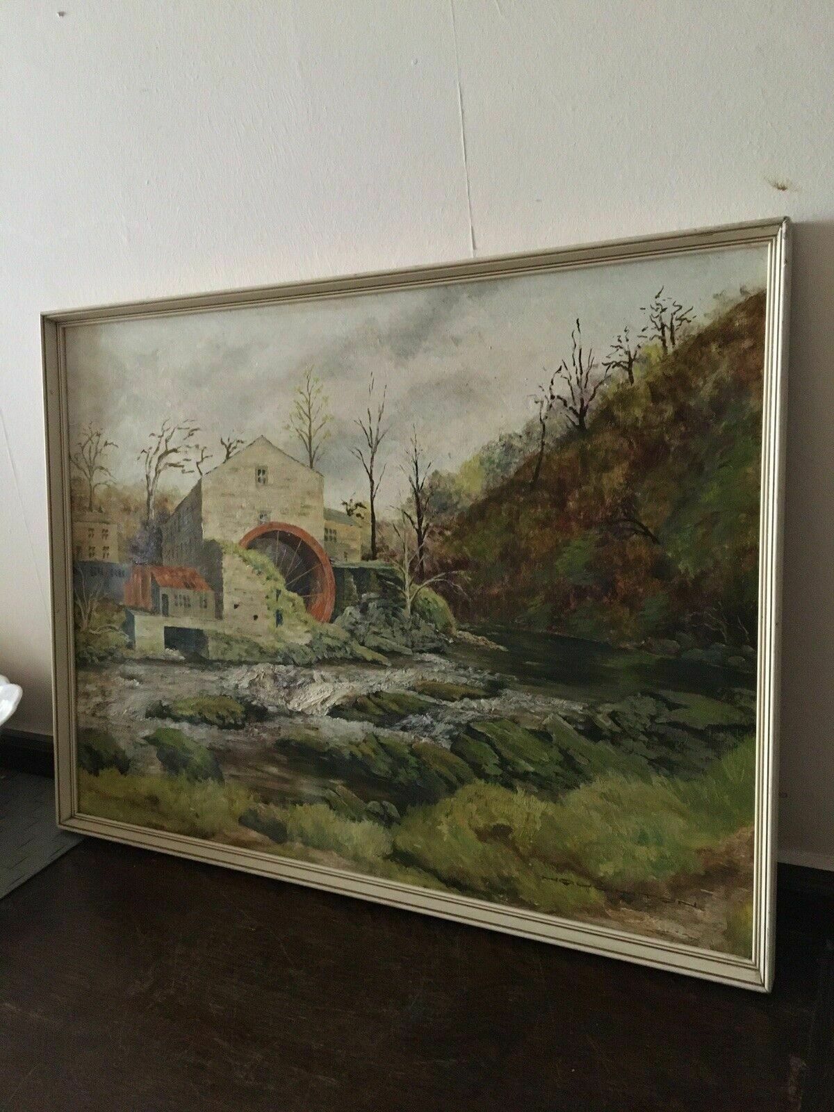 photo for sale Vintage Original Oil Painting Hartlington Saw Mill Waterwheel Landscape Framed