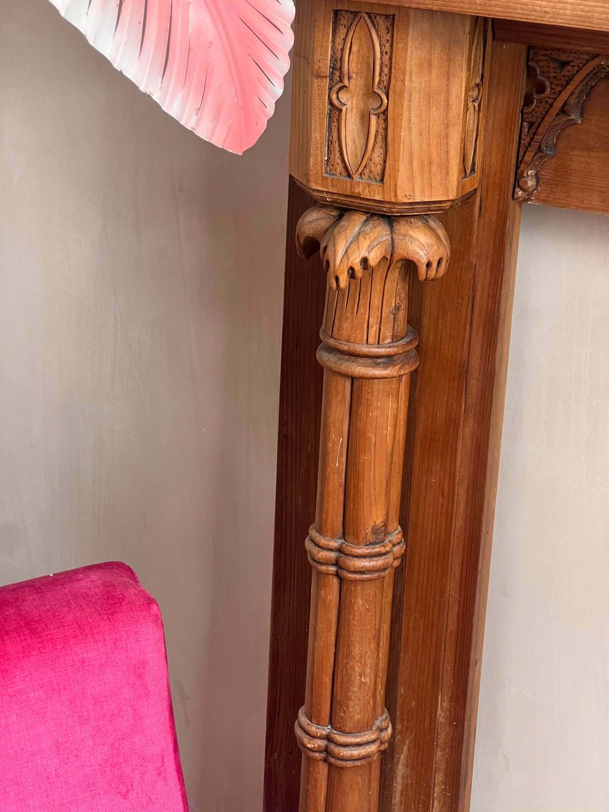 Large Italian Wood Carved Palm Fireplace Surround C.1950 photo Home Fixtures