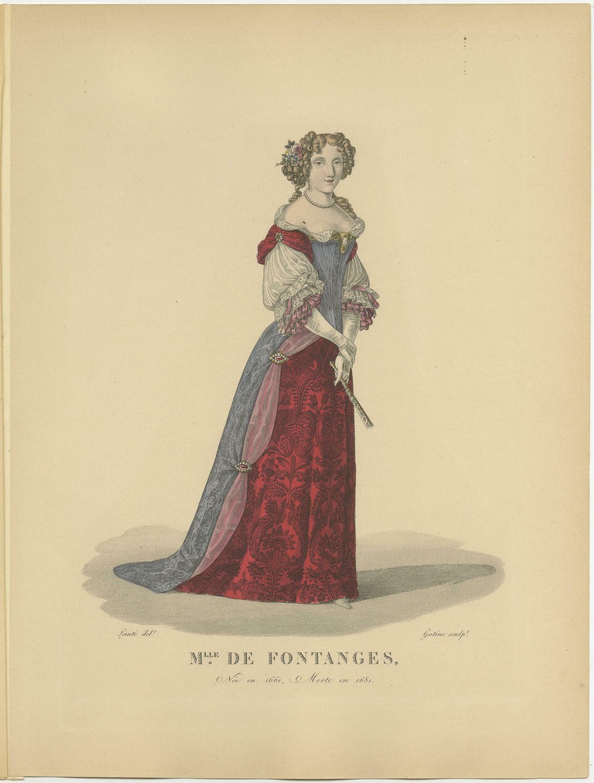 Handcolored Engraving Marie Angélique De Scorailles, Duchess Of Fontanges, 1900 photo for sale