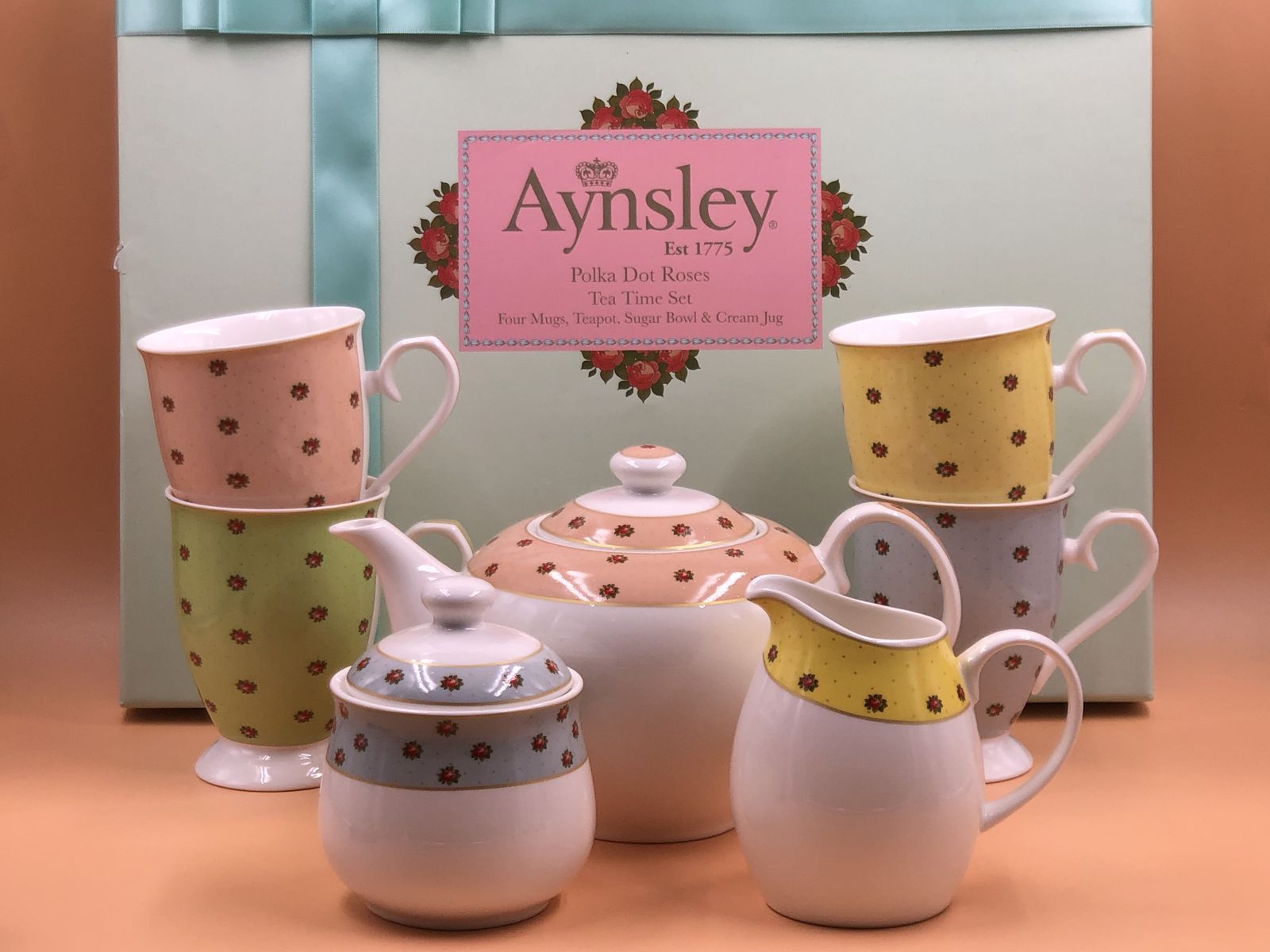 Aynsley China Polka Dot Roses Tea Set For 4. 1.5 Pint Capacity Teapot, 4 Mugs, Creamer & Sugar In Original Box. photo furniture