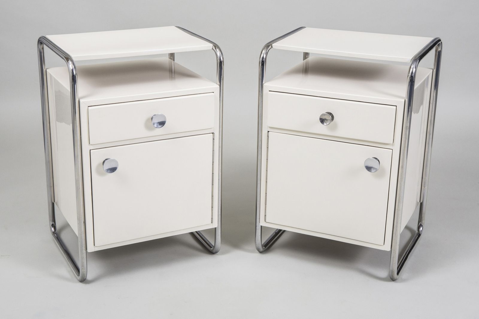 Restored Bauhaus Pair Of Bed Side Tables, By Sab, Chrome, Wood, Czech, 1930s photo vinterior