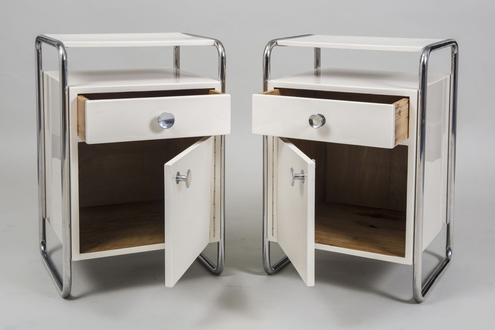Restored Bauhaus Pair Of Bed Side Tables, By Sab, Chrome, Wood, Czech, 1930s photo buy