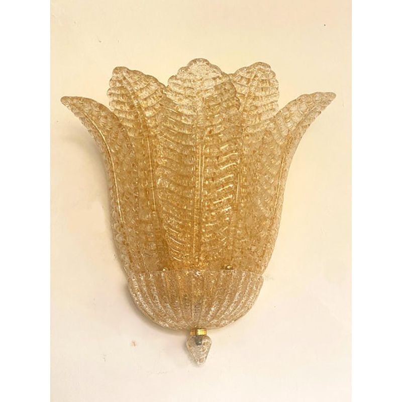 Set Of Two Transparent And Gold Graniglia “Leaf” Murano Glass Wall Sconces photo vintage