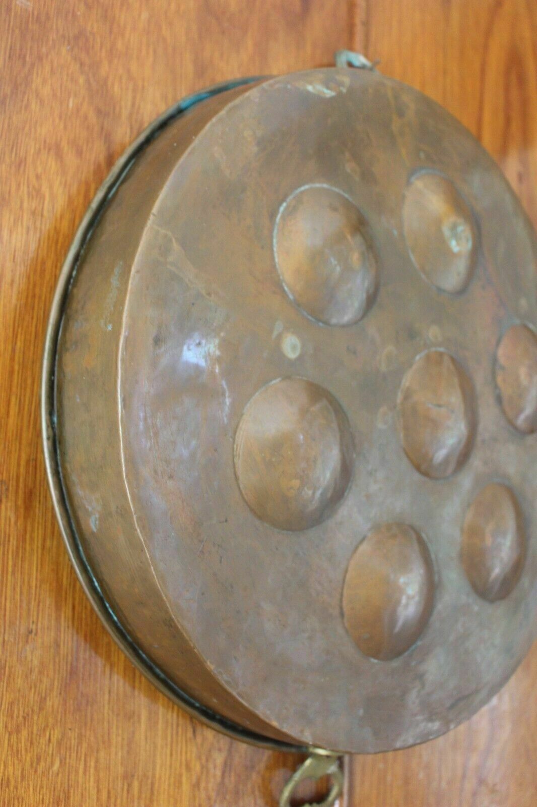 Large Hanging Round French Escargot Pan 42 Cm Vintage Copper With Brass Handles photo for sale