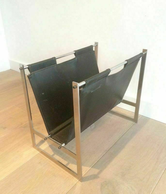 Magazine Rack In Brushed Steel And Leather. In The Style Of Poul Kjaerholm photo Home Decor