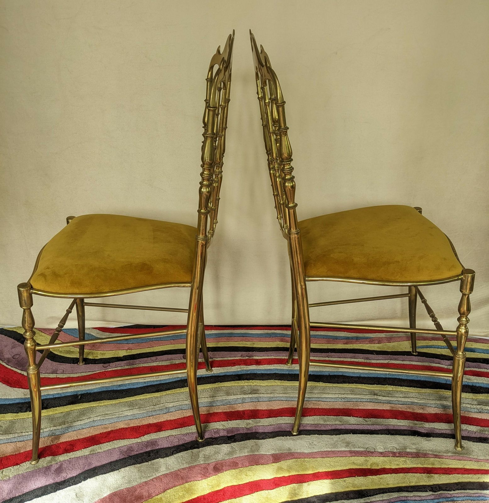 Beautiful Brass Chiavari Chairs With New Seat Bases And Upholstery. 6 Chairs Available photo vintage