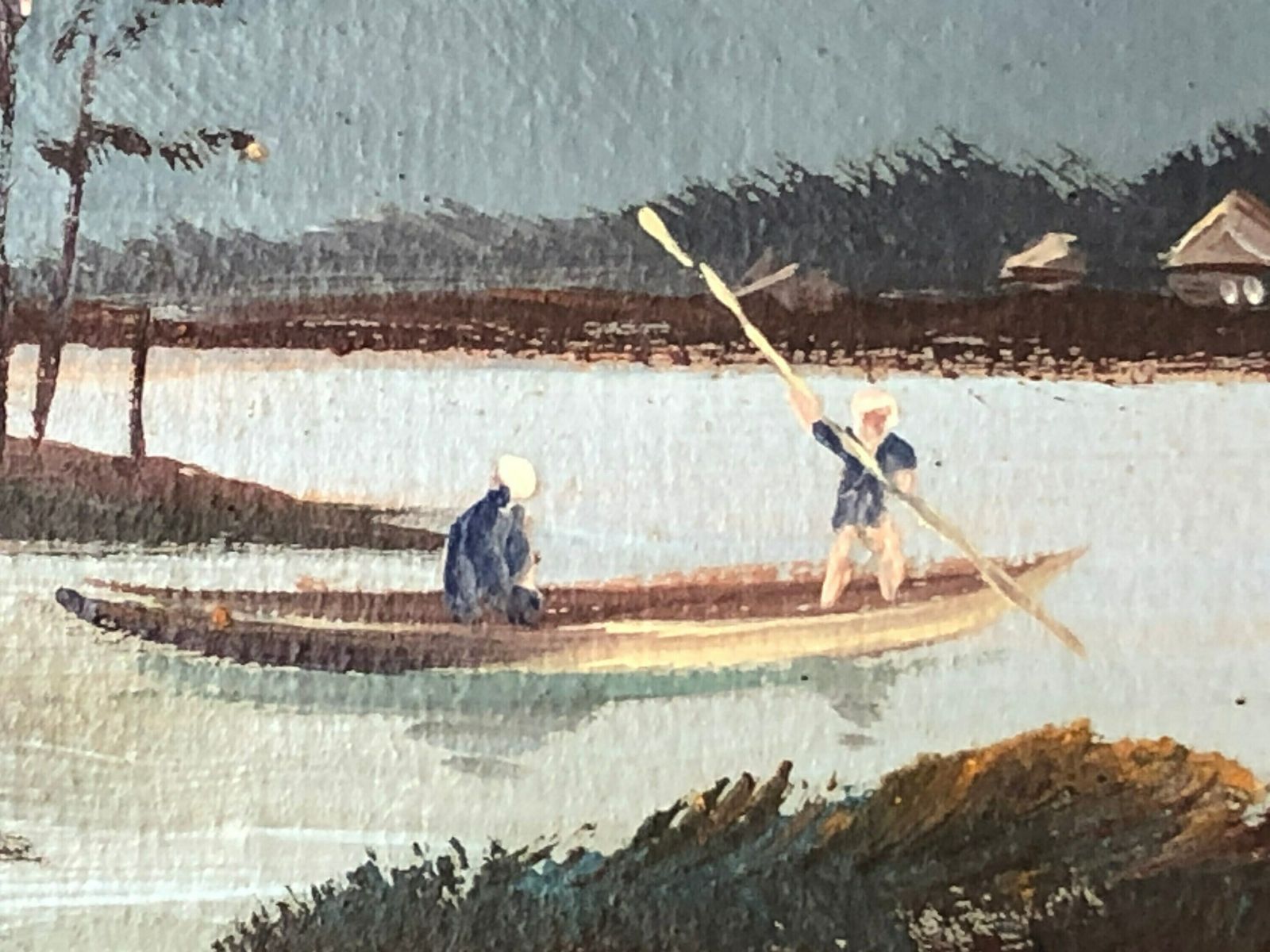 Japanese Original Vintage Signed Painting With Motive Of Mount Fuji And Lakeside Houses photo vintage