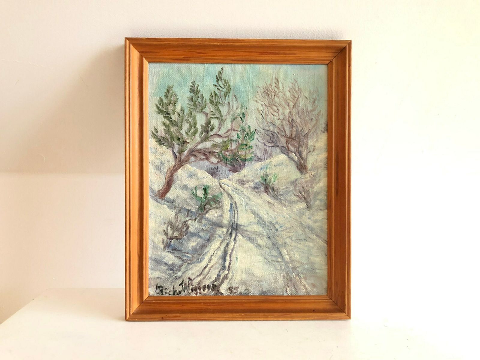 Original Danish Oil Painting From 1955 By Richard Wiggers With Motive Of A Path Through A Winter Landscape