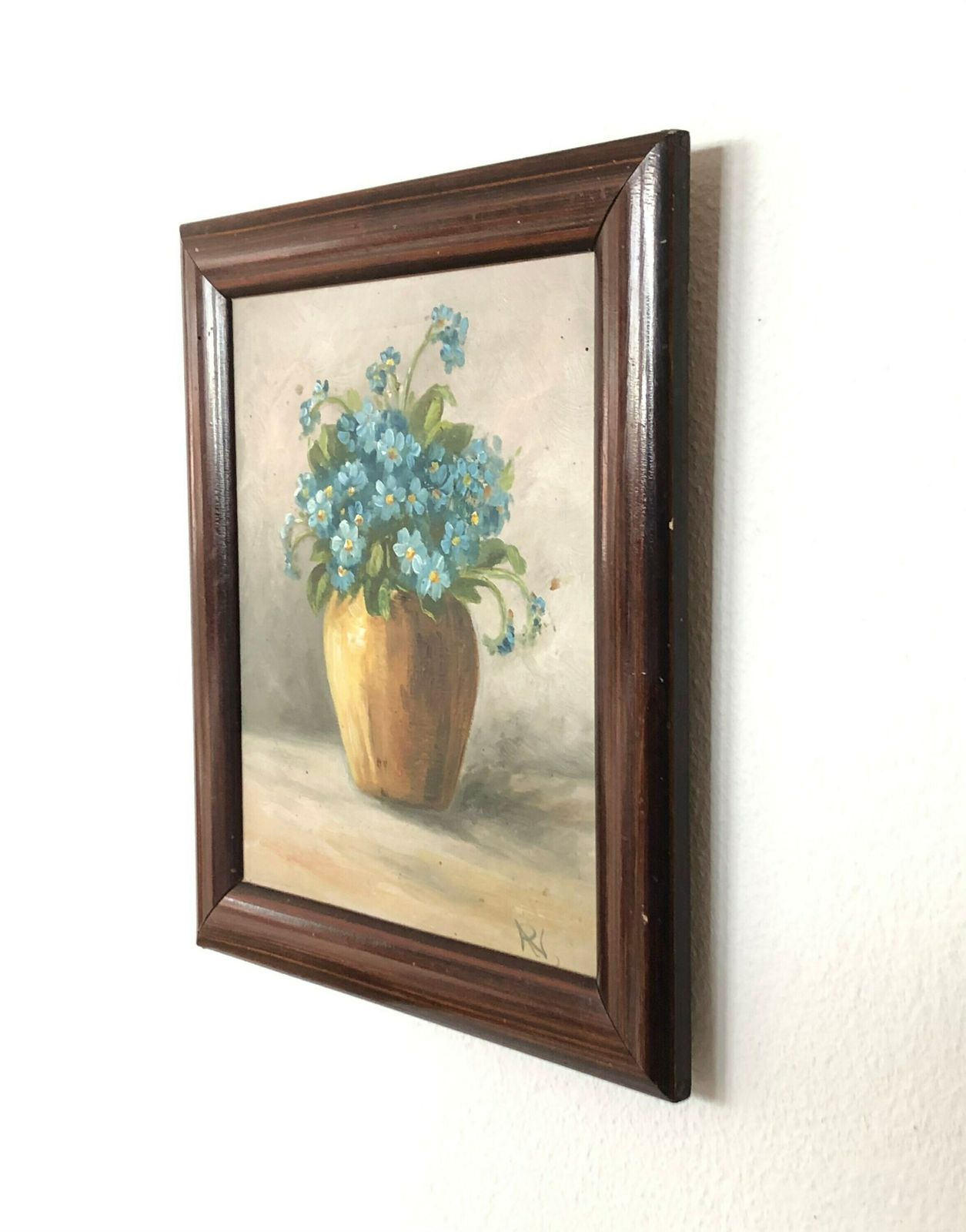 Original Danish Mid Century Oil Painting Signed Rn With Motive Of Vase With Beautiful Blue Flowers photo for sale
