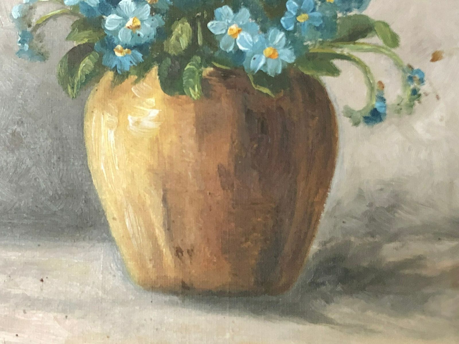 Original Danish Mid Century Oil Painting Signed Rn With Motive Of Vase With Beautiful Blue Flowers photo vinterior