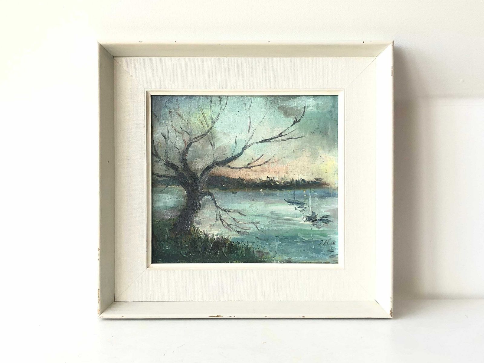 Ingelise Rasmussen Original Oil On Plate Danish Mid Century Painting With Motive Of Naked Tree At A Beach