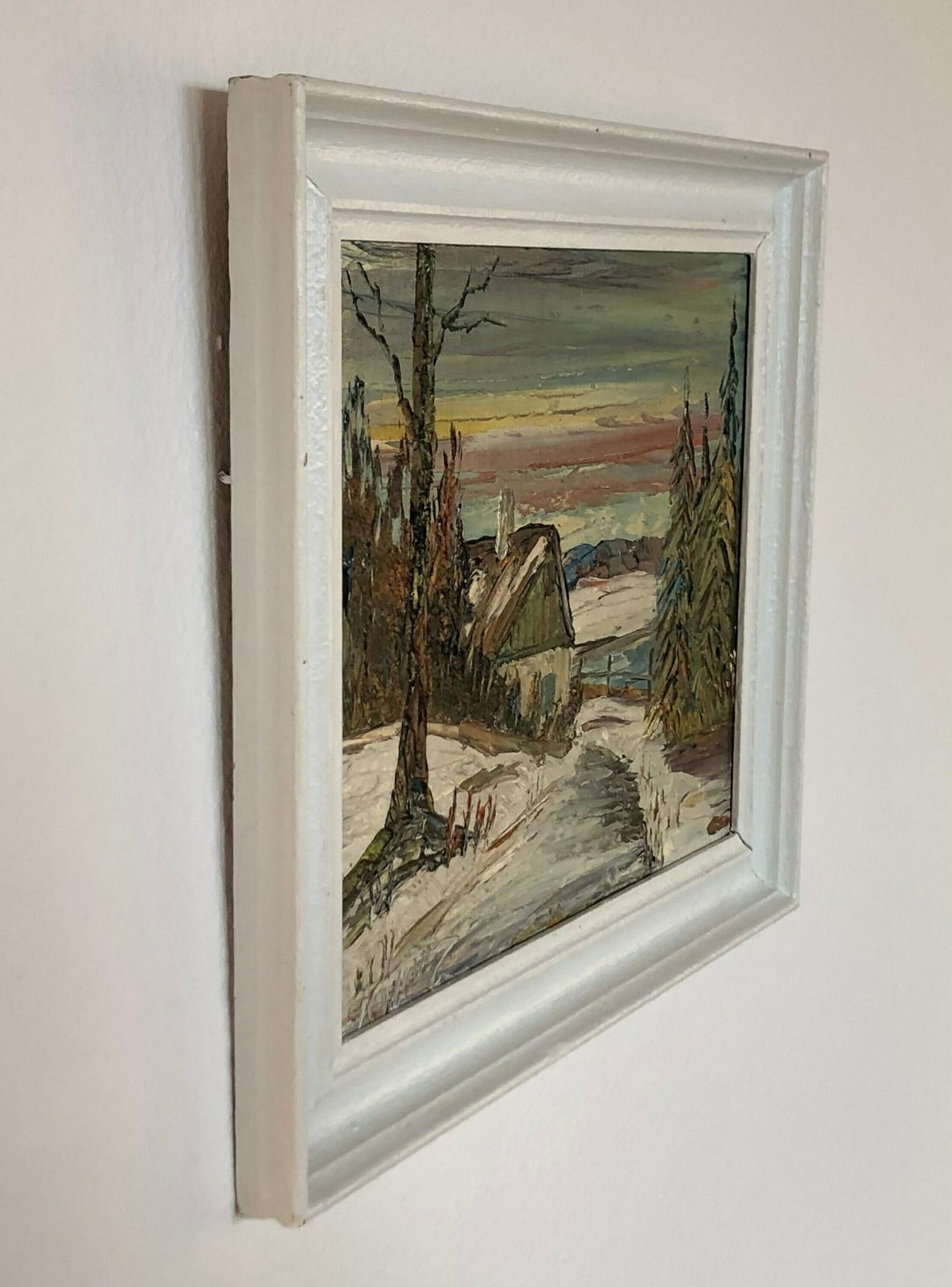 Vintage Oil Painting With Motive Of Winter Landscape With House At A Lake With Pine Trees   Original Danish Art photo vinterior